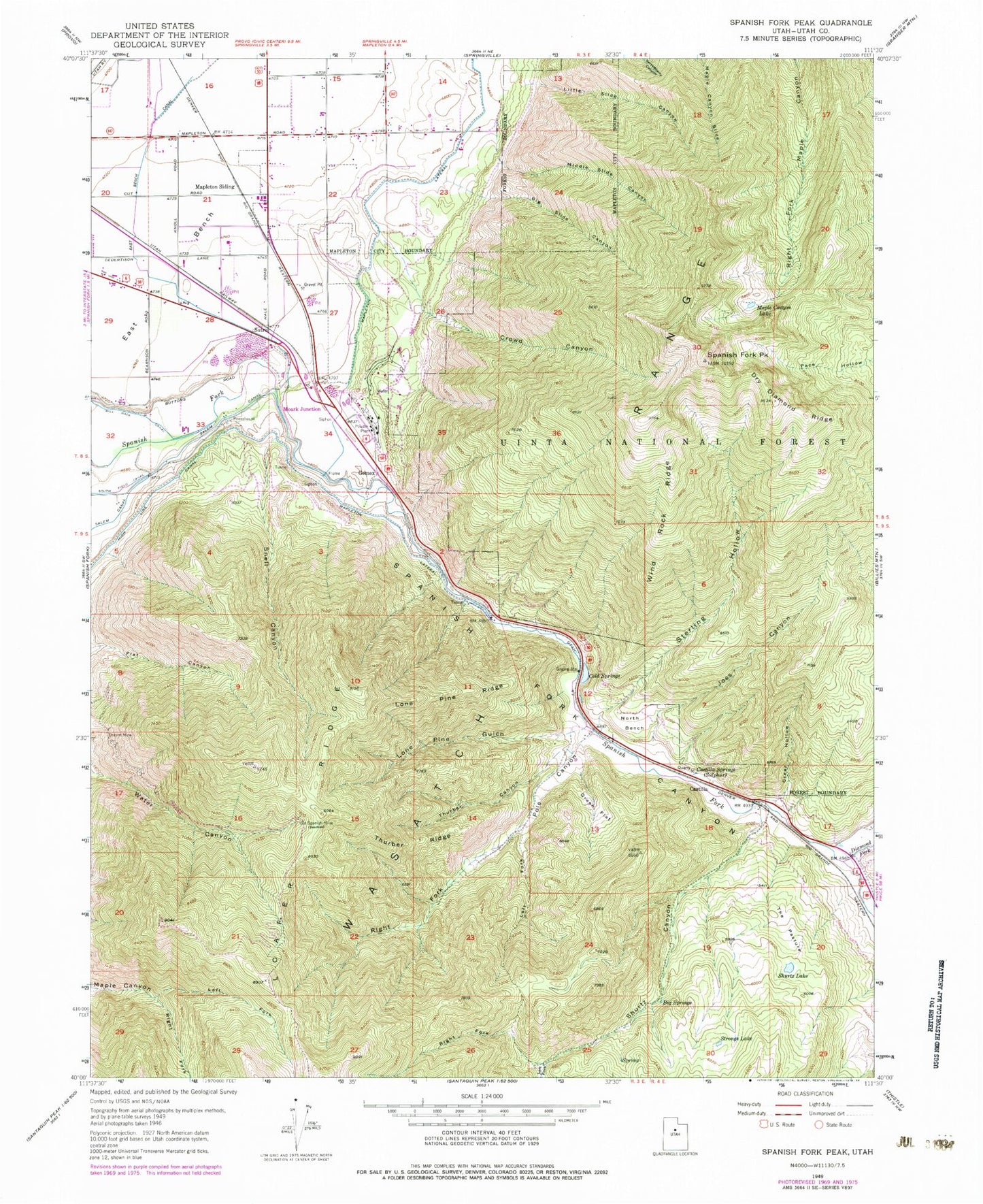 Classic USGS Spanish Fork Peak Utah 7.5'x7.5' Topo Map Image