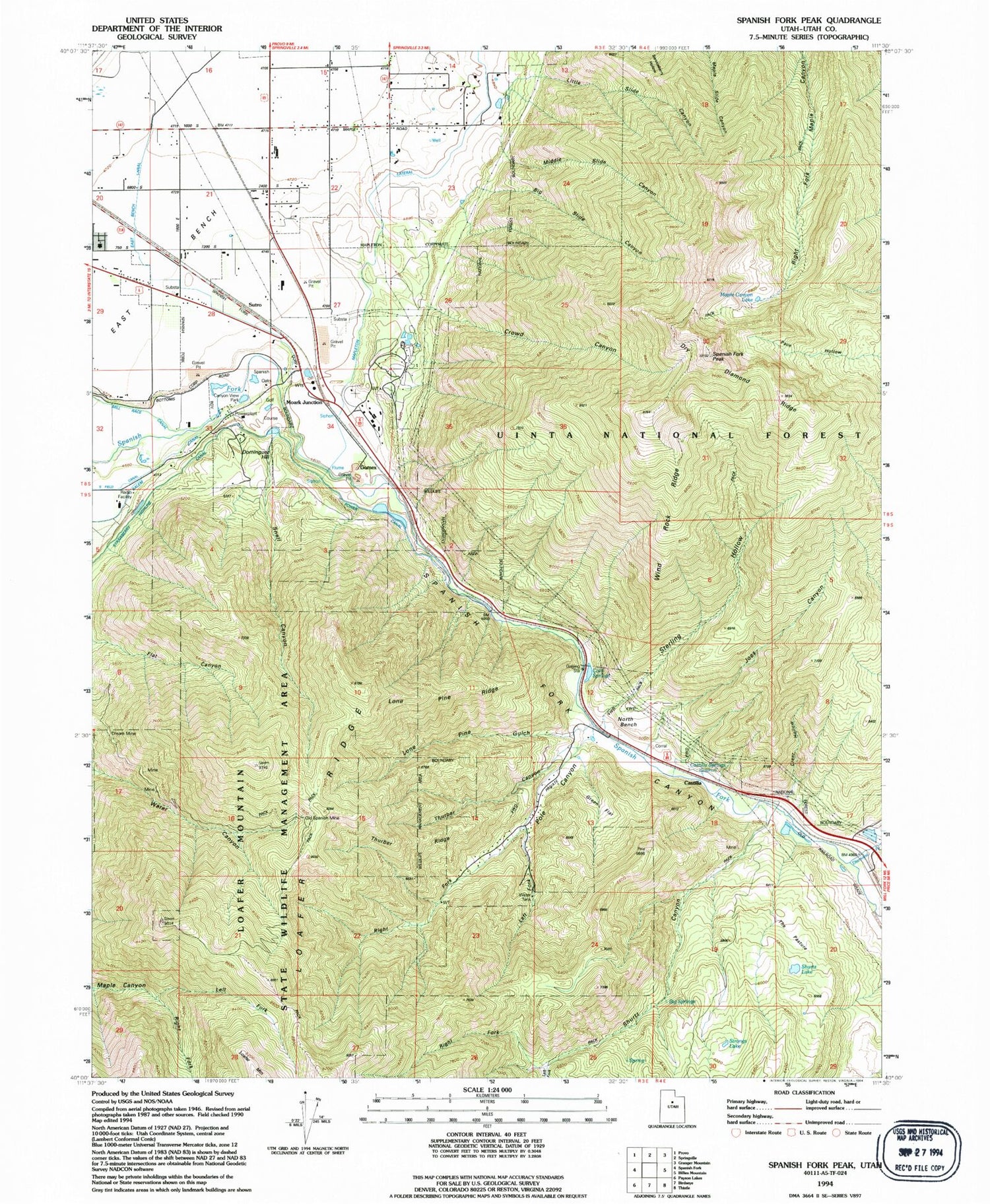 Classic USGS Spanish Fork Peak Utah 7.5'x7.5' Topo Map Image