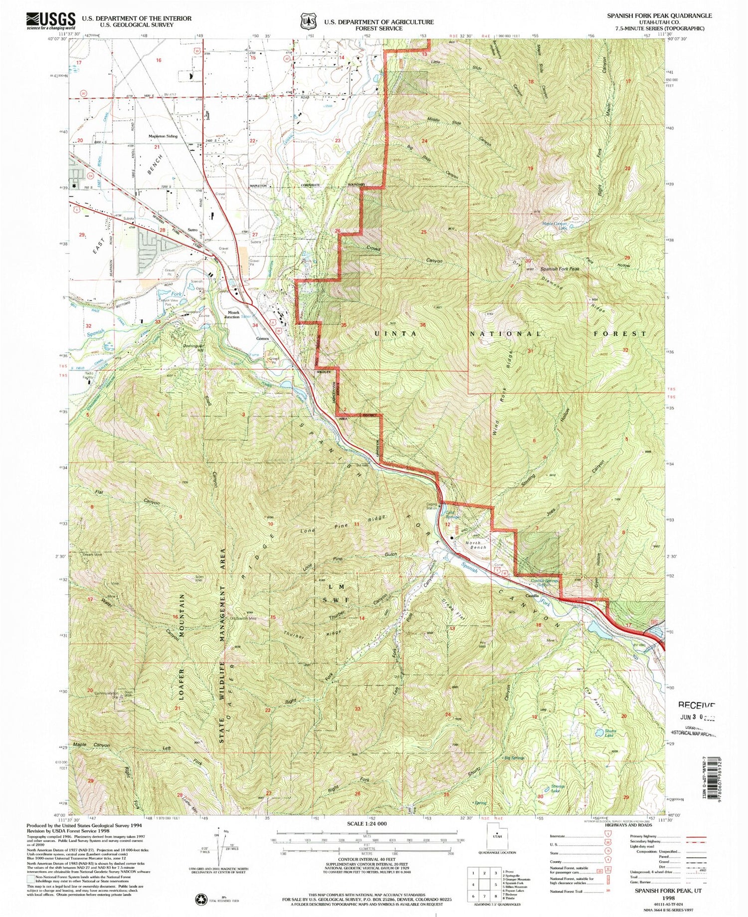 Classic USGS Spanish Fork Peak Utah 7.5'x7.5' Topo Map Image