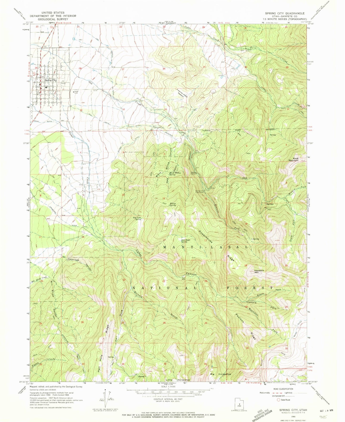 Classic USGS Spring City Utah 7.5'x7.5' Topo Map Image