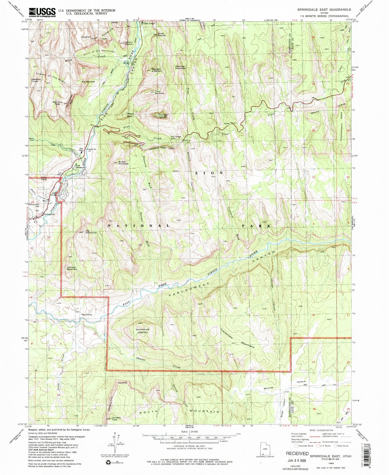 Classic USGS Springdale East Utah 7.5'x7.5' Topo Map Image