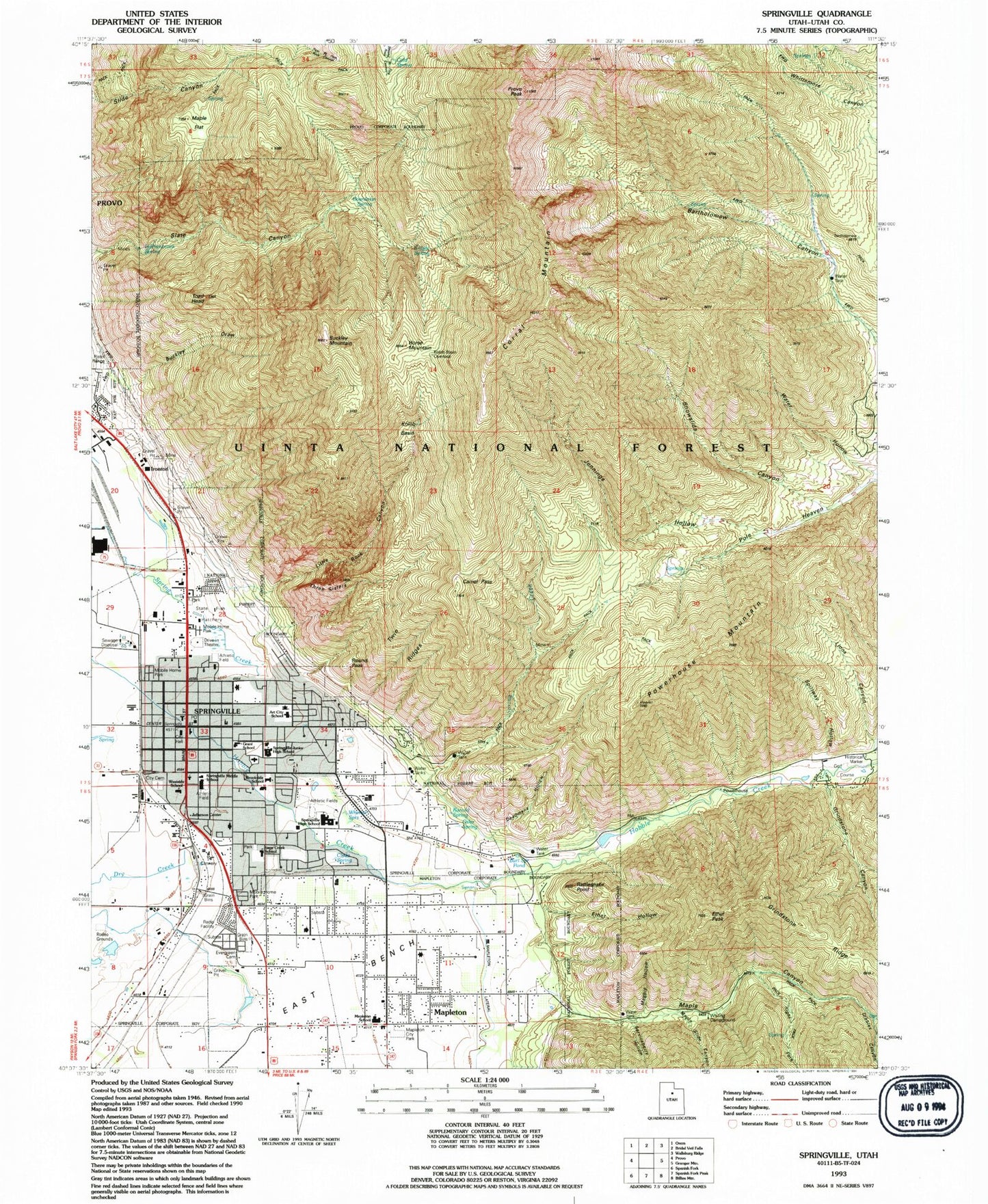 Classic USGS Springville Utah 7.5'x7.5' Topo Map Image