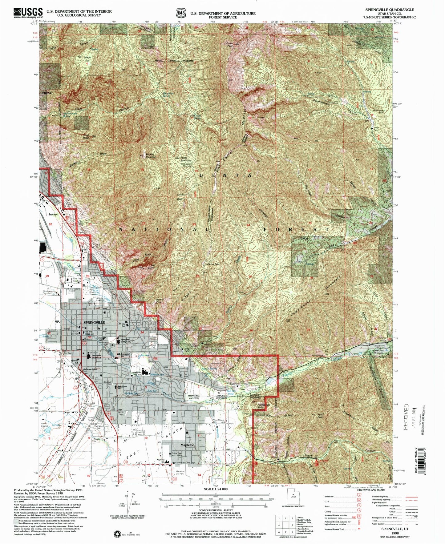Classic USGS Springville Utah 7.5'x7.5' Topo Map Image
