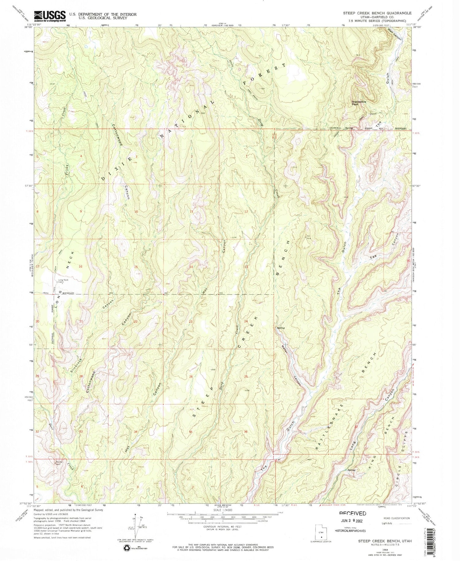 Classic USGS Steep Creek Bench Utah 7.5'x7.5' Topo Map Image