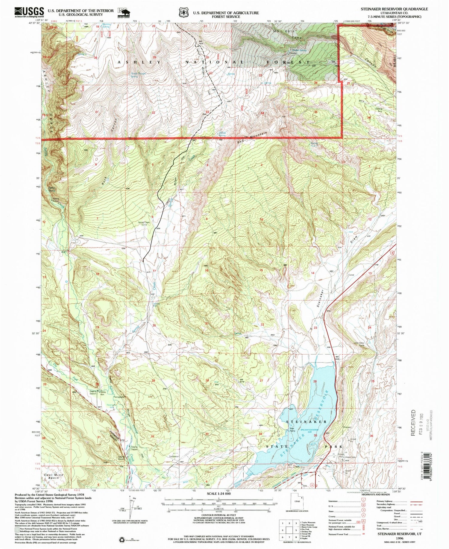 Classic USGS Steinaker Reservoir Utah 7.5'x7.5' Topo Map Image