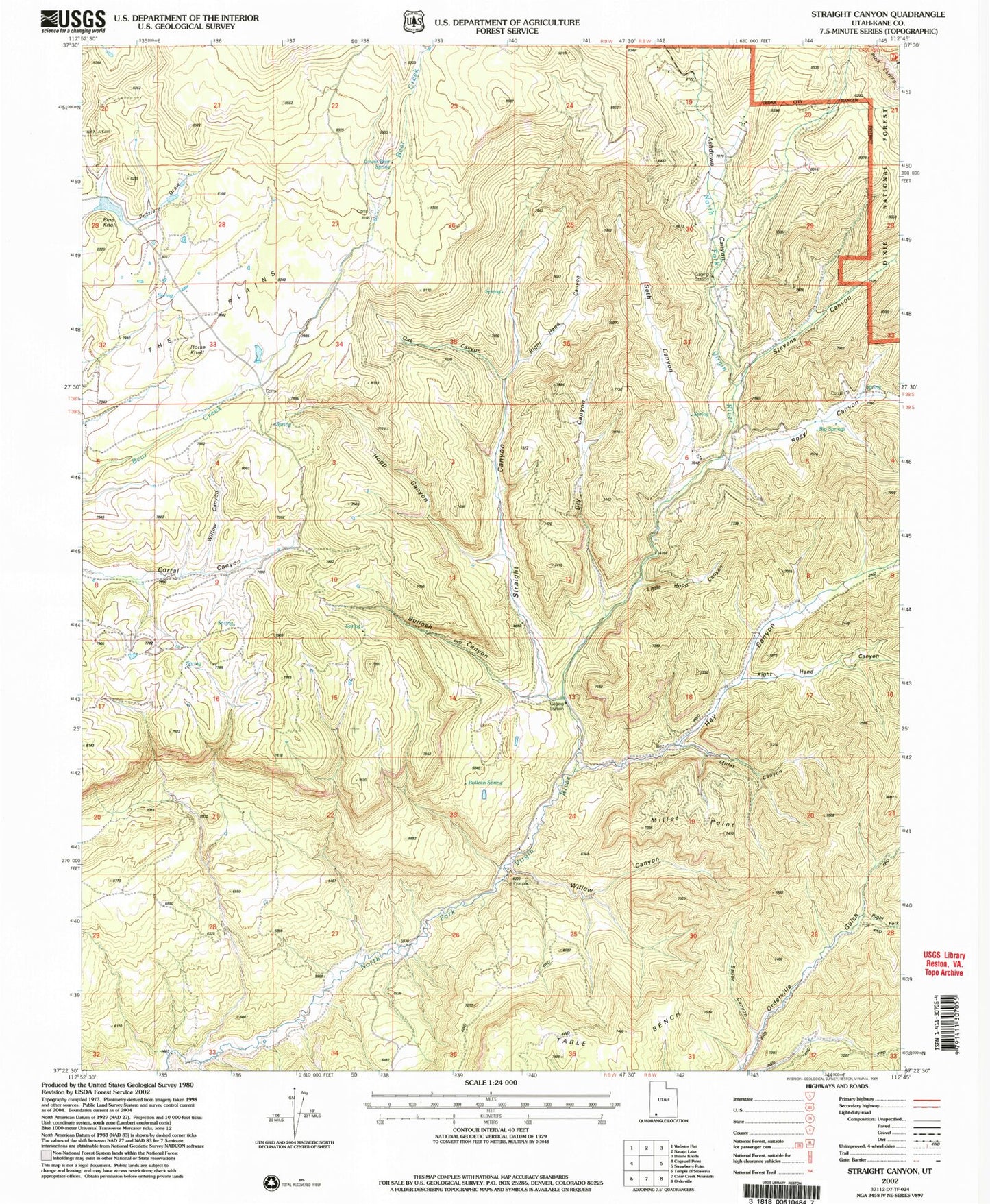 Classic USGS Straight Canyon Utah 7.5'x7.5' Topo Map Image