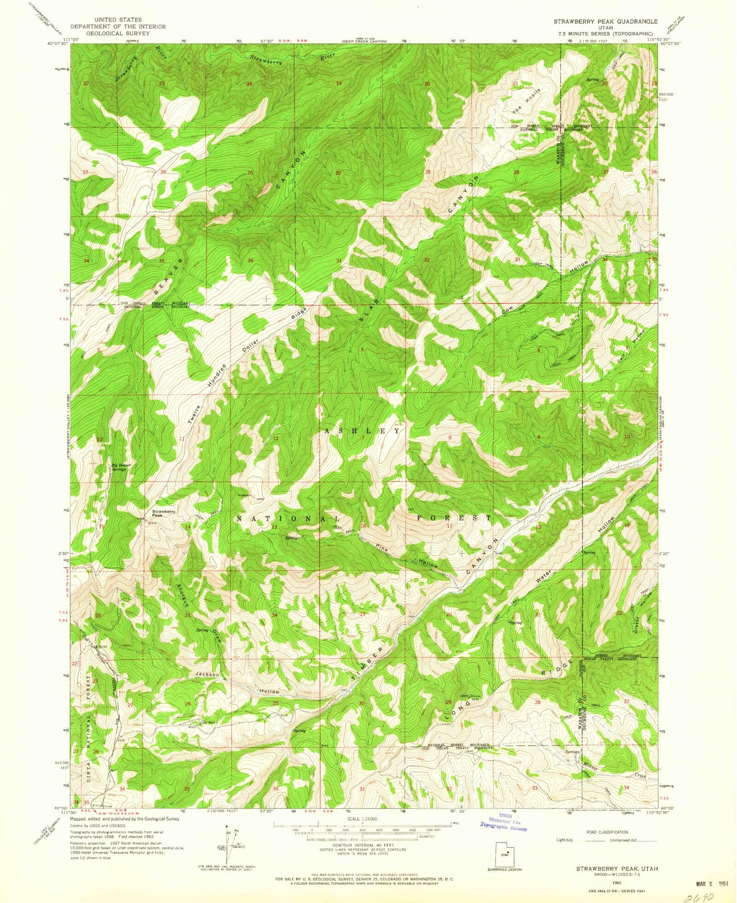 Classic USGS Strawberry Peak Utah 7.5'x7.5' Topo Map Image