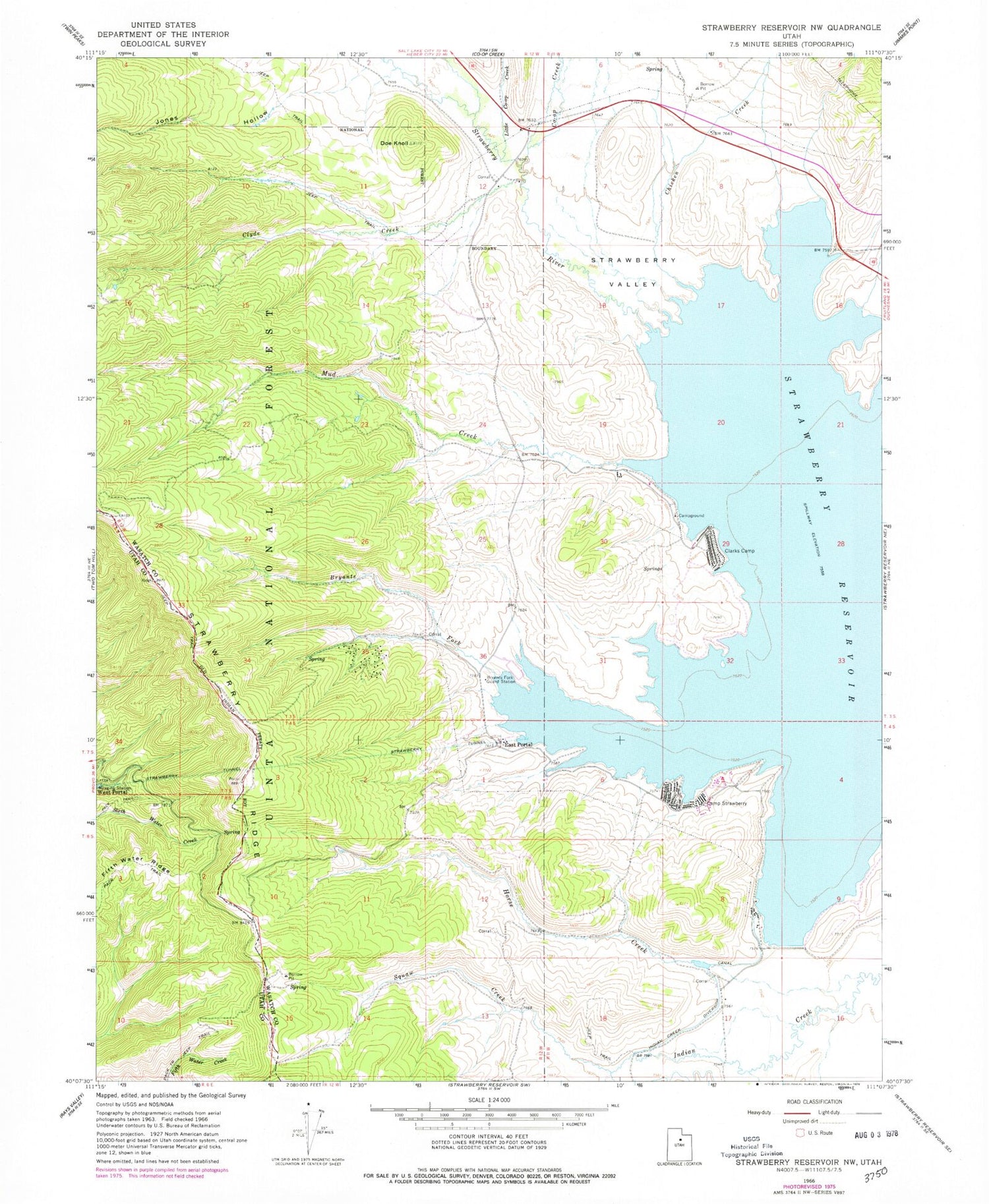 Classic USGS Strawberry Reservoir NW Utah 7.5'x7.5' Topo Map Image
