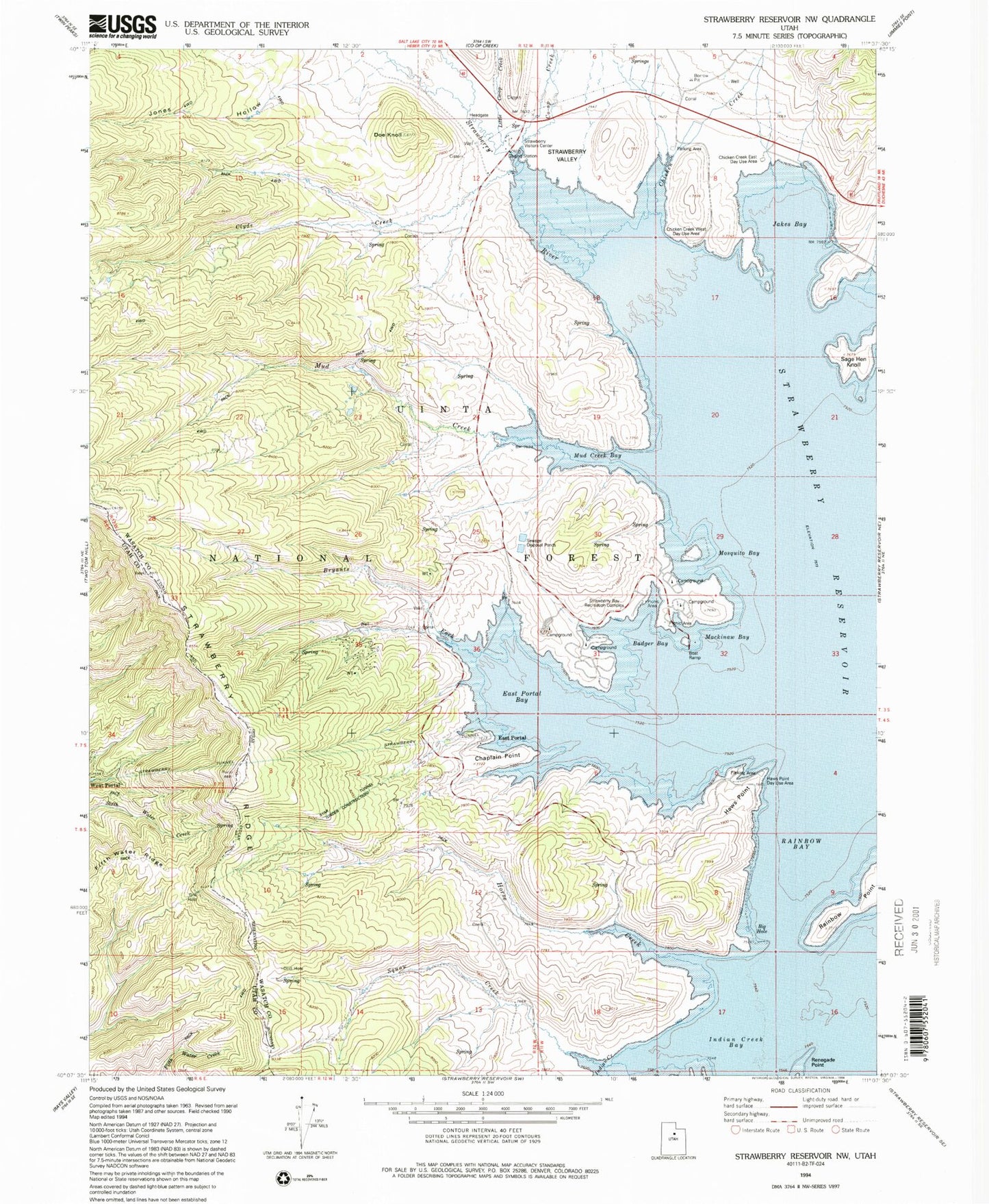Classic USGS Strawberry Reservoir NW Utah 7.5'x7.5' Topo Map Image