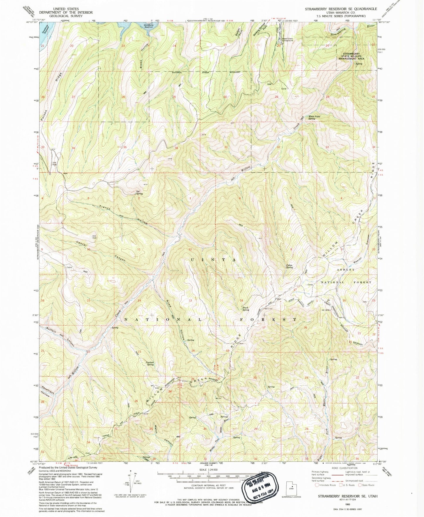 Classic USGS Strawberry Reservoir SE Utah 7.5'x7.5' Topo Map Image