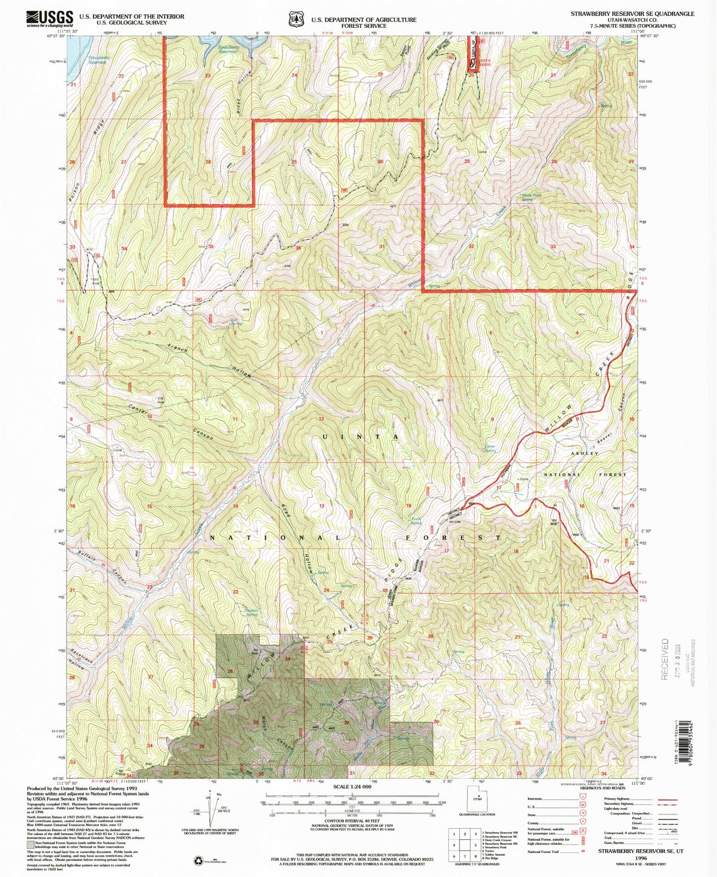 Classic USGS Strawberry Reservoir SE Utah 7.5'x7.5' Topo Map Image