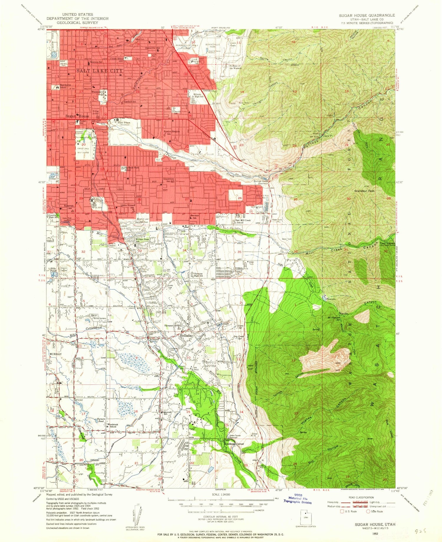 Classic USGS Sugar House Utah 7.5'x7.5' Topo Map Image