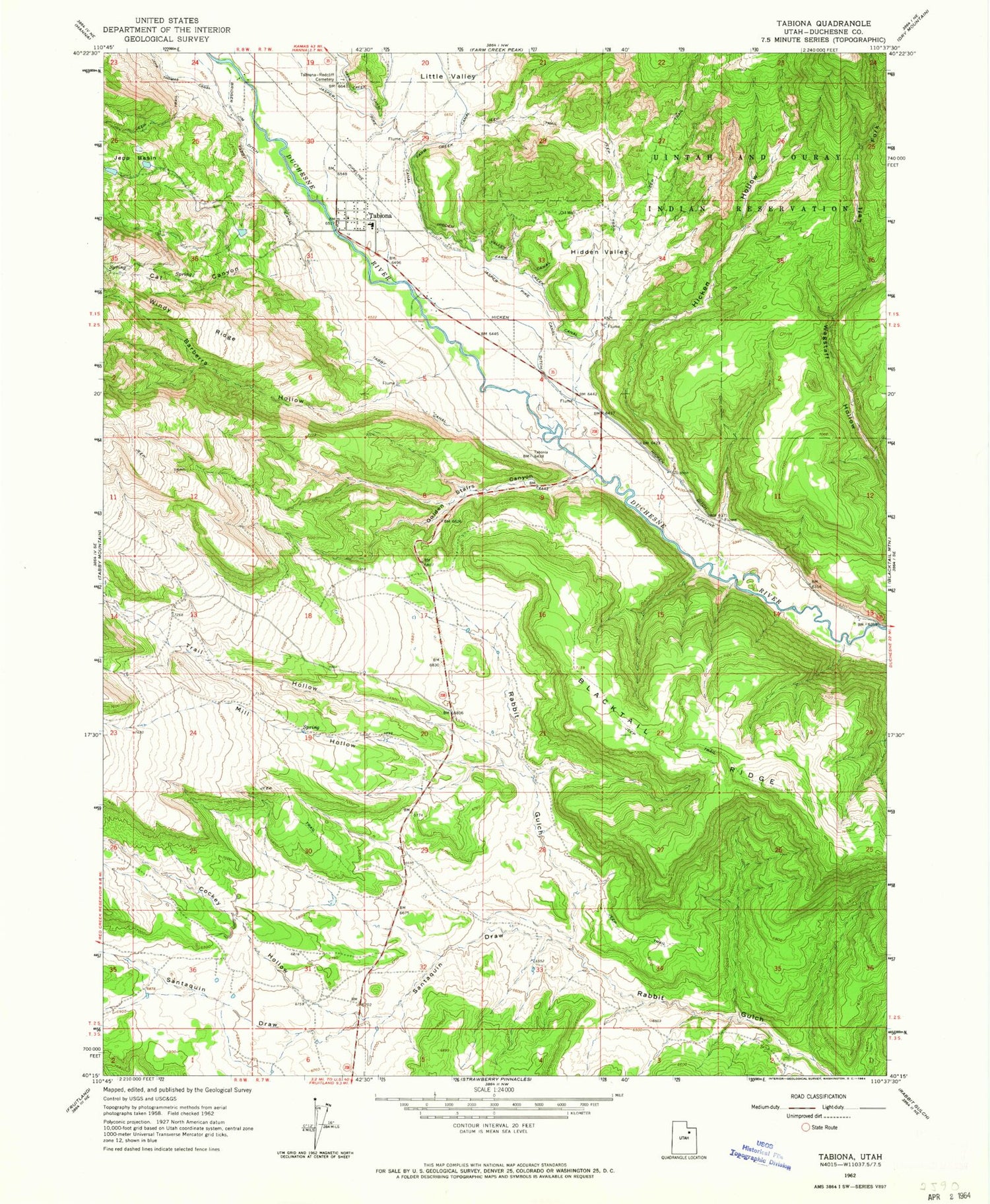Classic USGS Tabiona Utah 7.5'x7.5' Topo Map Image