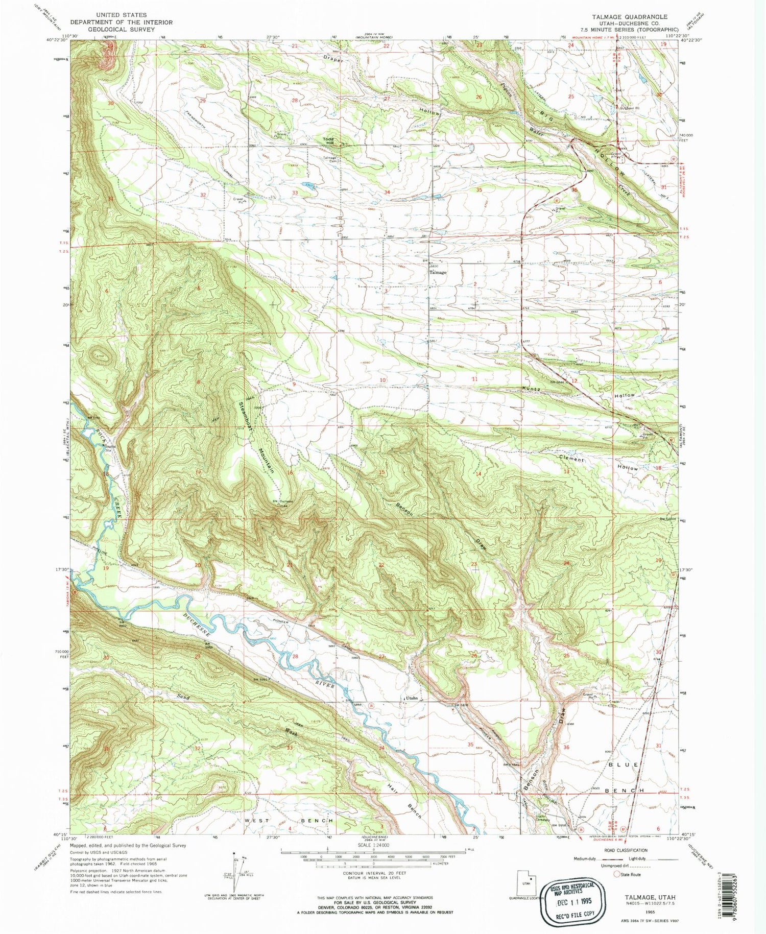 Classic USGS Talmage Utah 7.5'x7.5' Topo Map Image