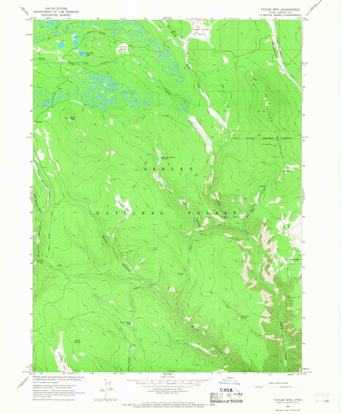 Classic USGS Taylor Mountain Utah 7.5'x7.5' Topo Map Image