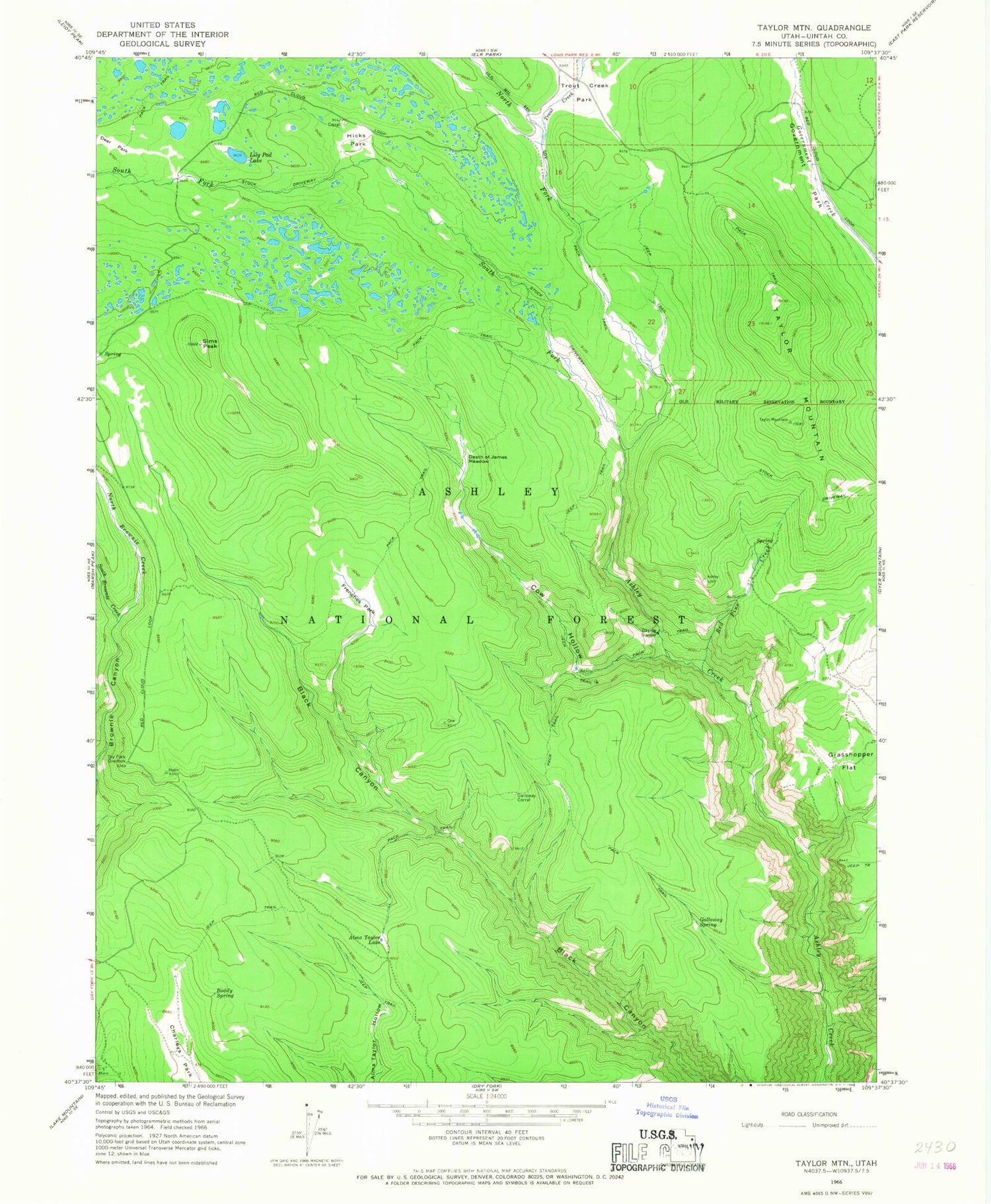 Classic USGS Taylor Mountain Utah 7.5'x7.5' Topo Map Image