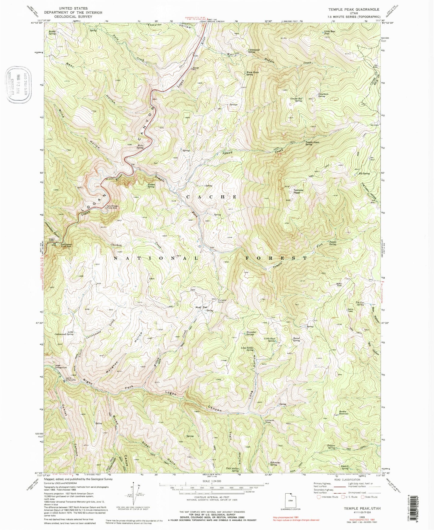 Classic USGS Temple Peak Utah 7.5'x7.5' Topo Map Image