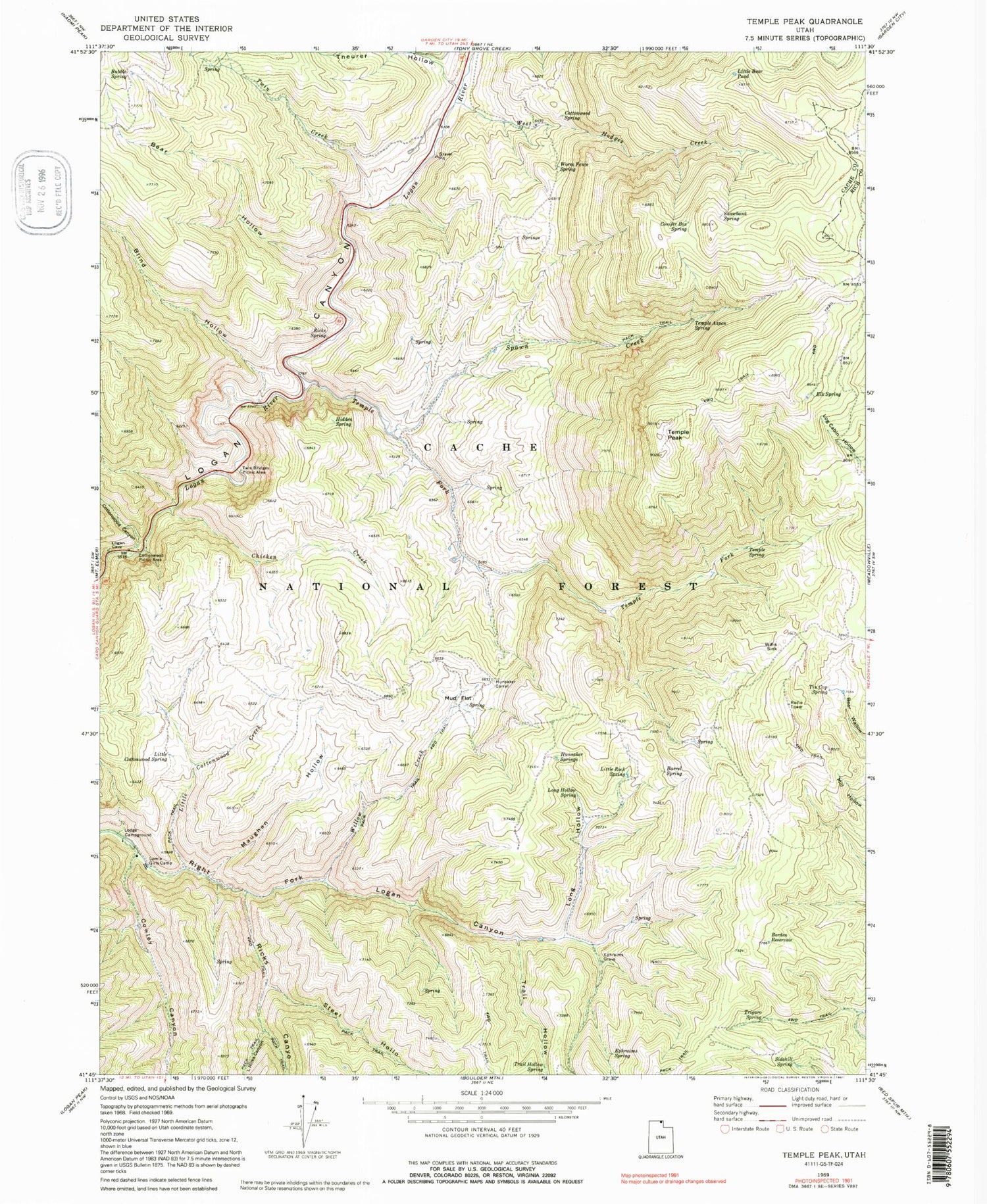 Classic USGS Temple Peak Utah 7.5'x7.5' Topo Map Image
