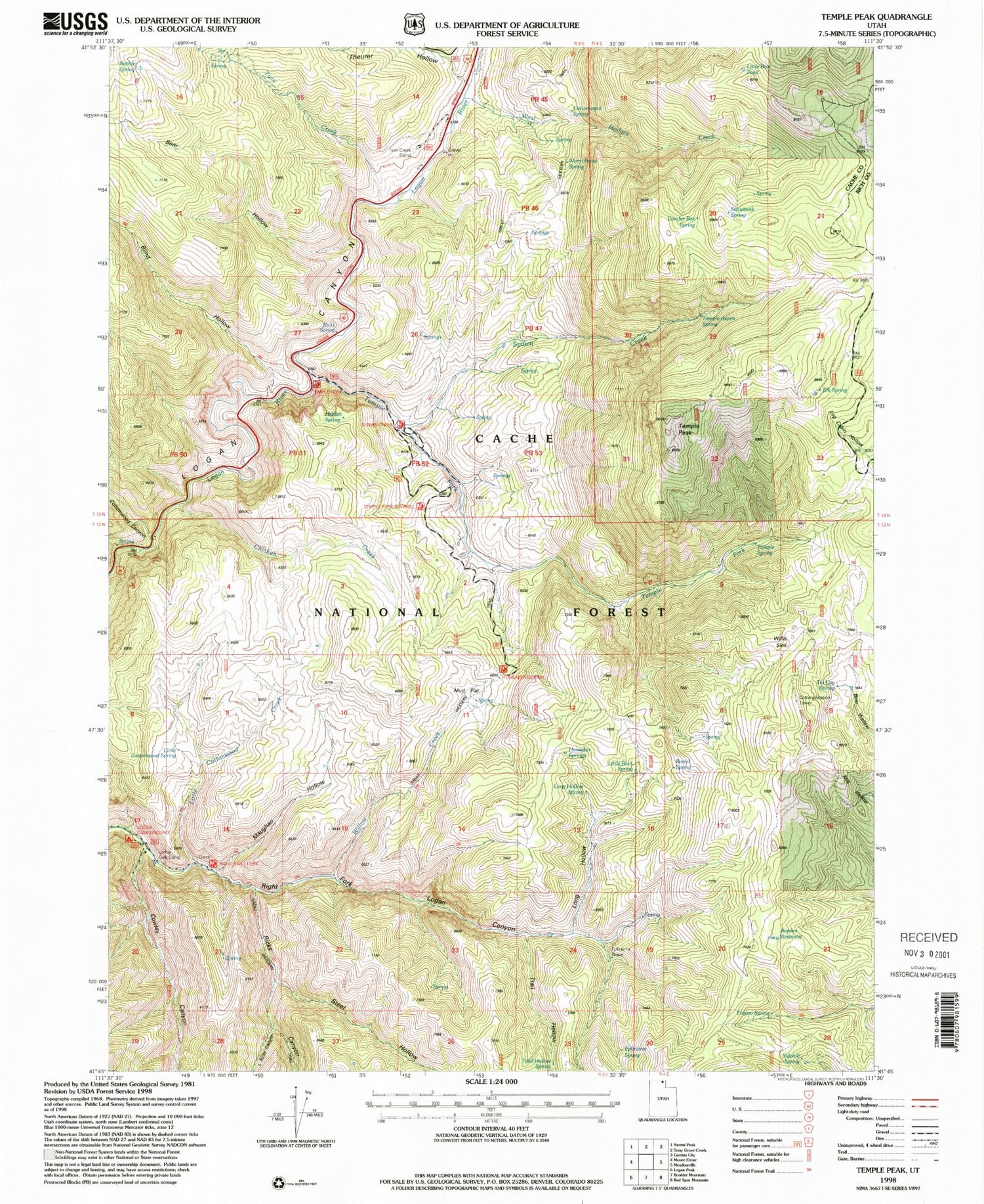 Classic USGS Temple Peak Utah 7.5'x7.5' Topo Map Image