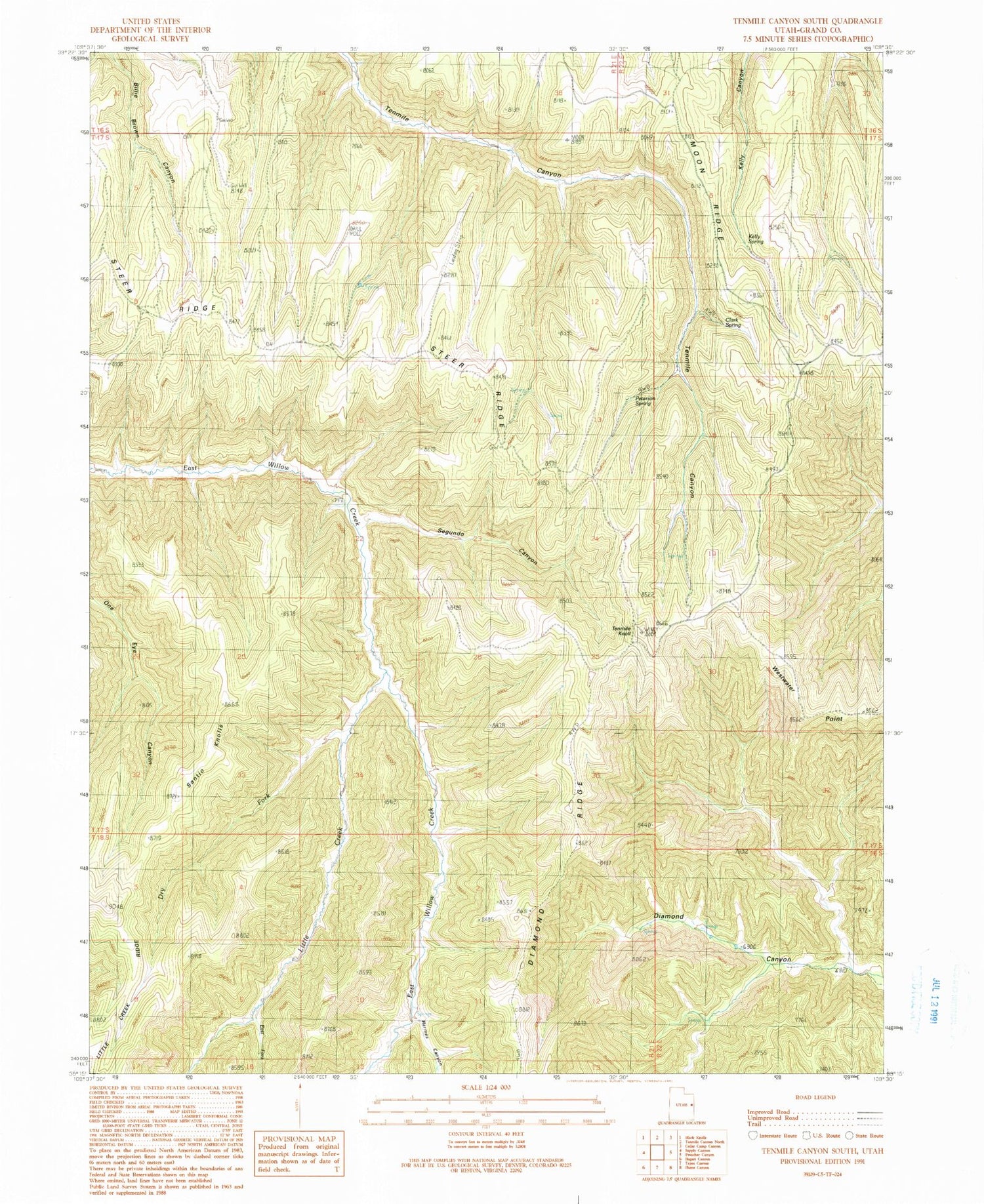 Classic USGS Tenmile Canyon South Utah 7.5'x7.5' Topo Map Image