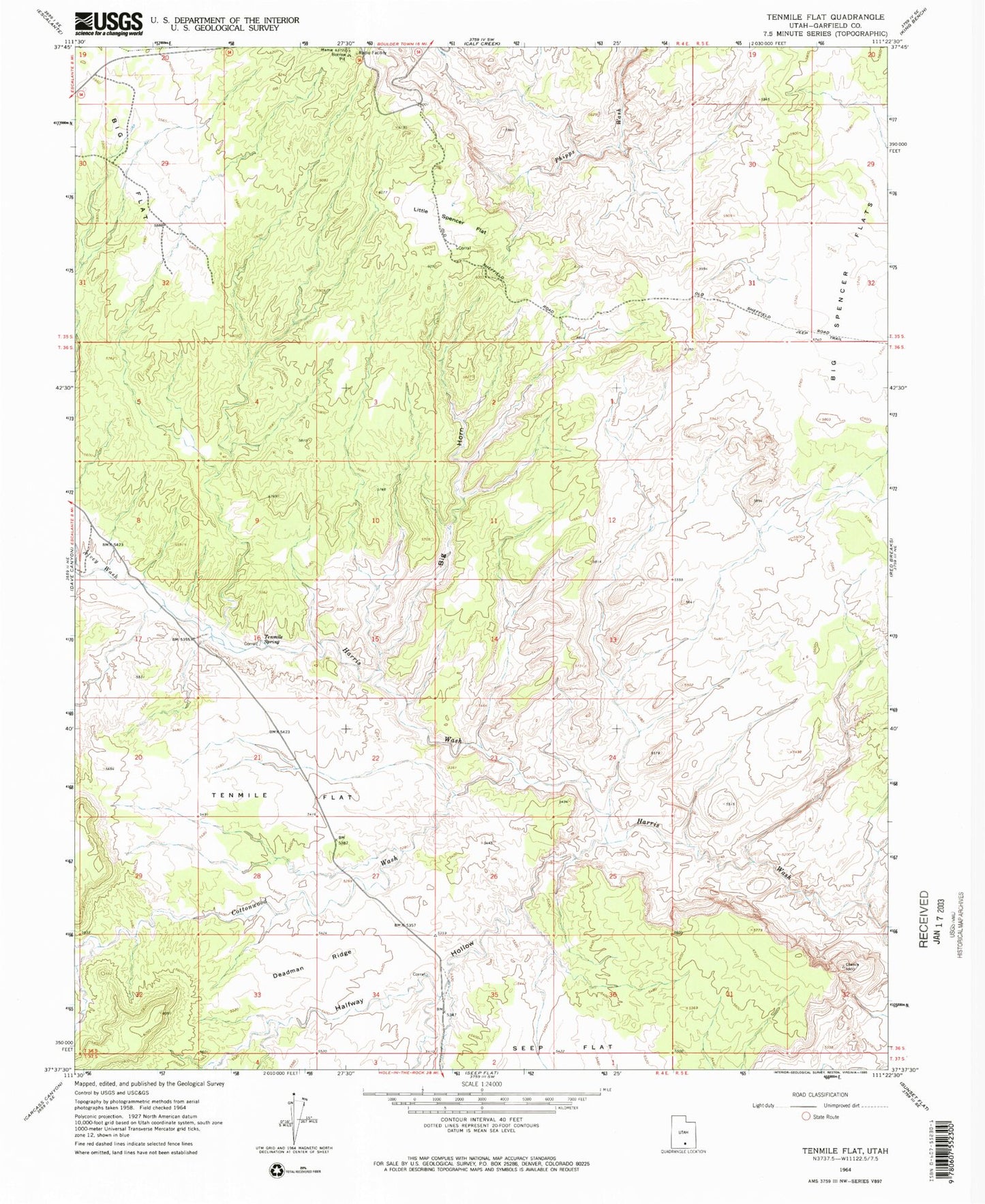 Classic USGS Tenmile Flat Utah 7.5'x7.5' Topo Map Image