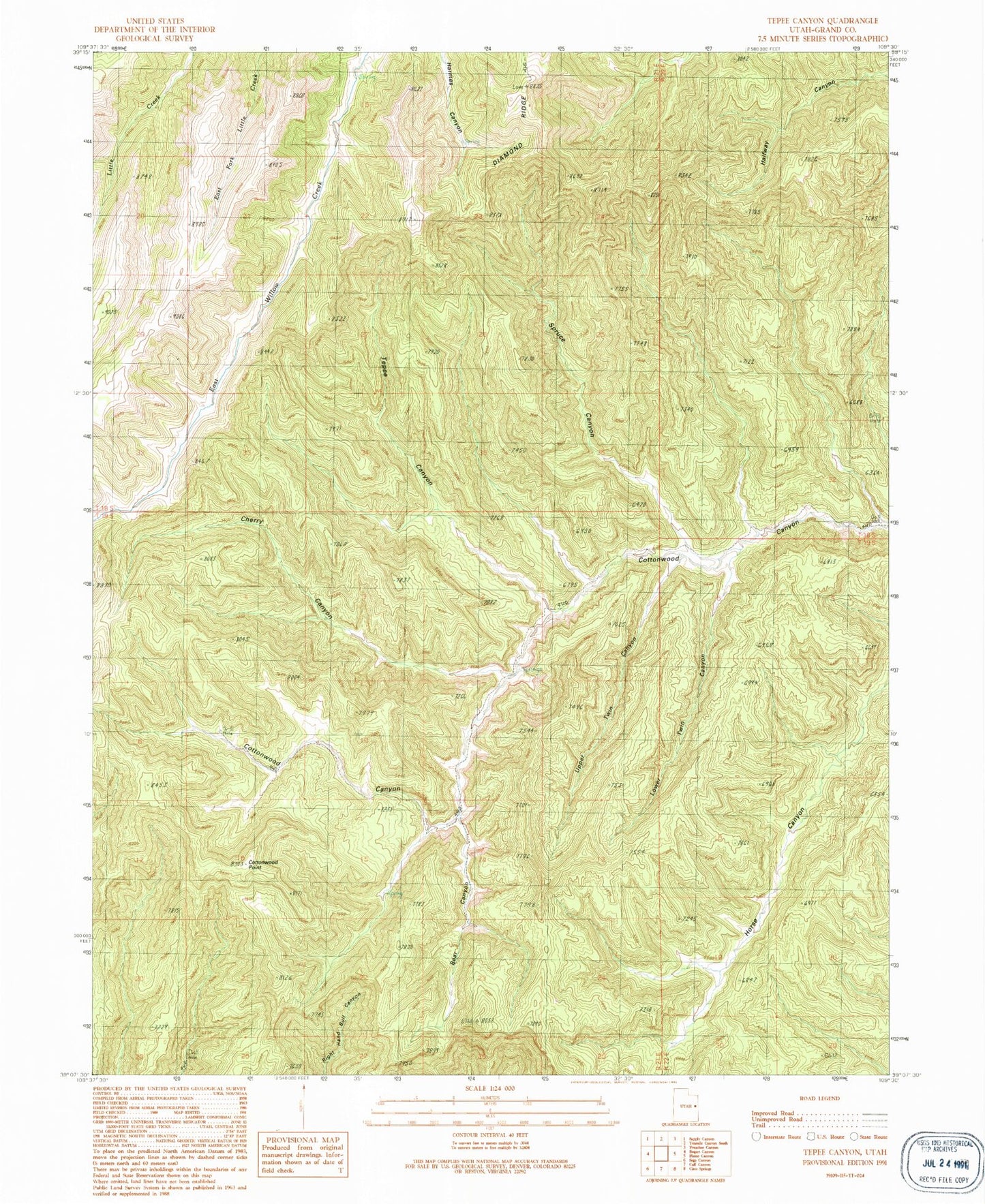 Classic USGS Tepee Canyon Utah 7.5'x7.5' Topo Map Image