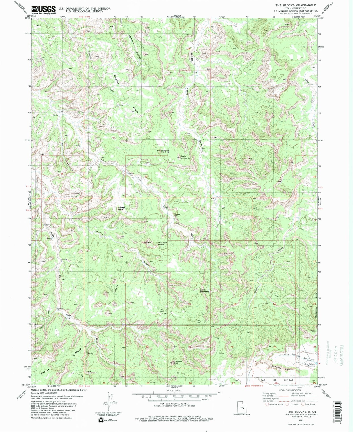 Classic USGS The Blocks Utah 7.5'x7.5' Topo Map Image