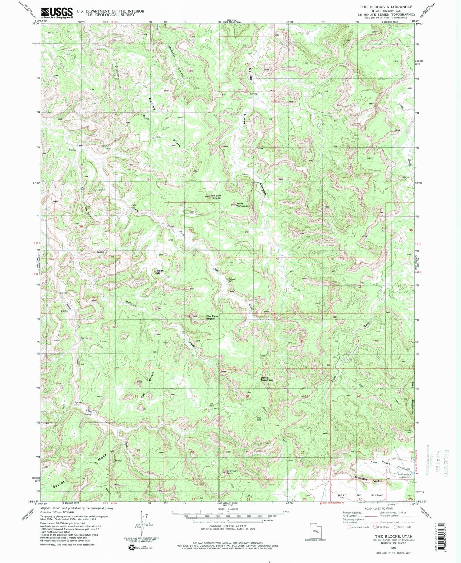 Classic USGS The Blocks Utah 7.5'x7.5' Topo Map Image