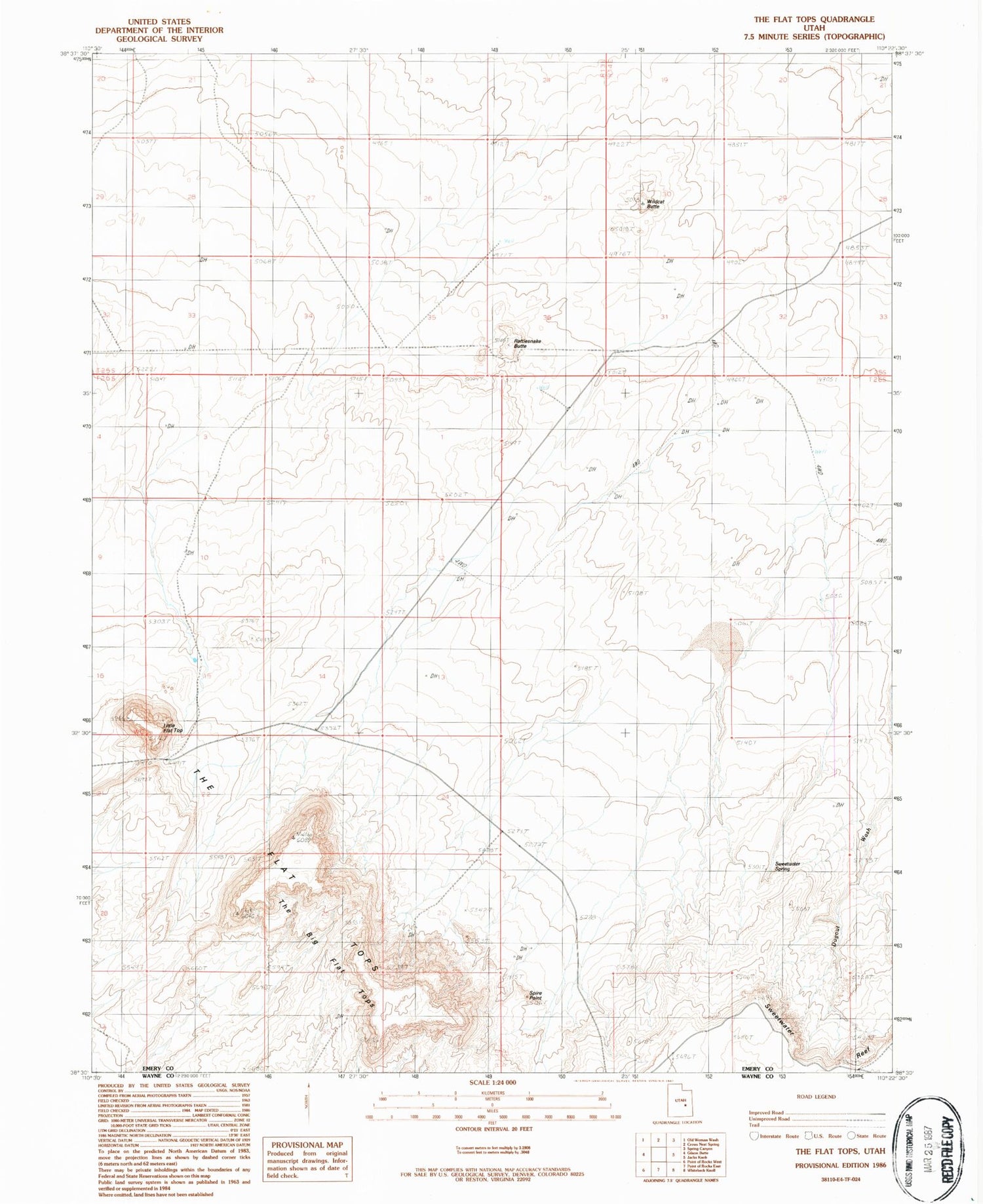 Classic USGS The Flat Tops Utah 7.5'x7.5' Topo Map Image