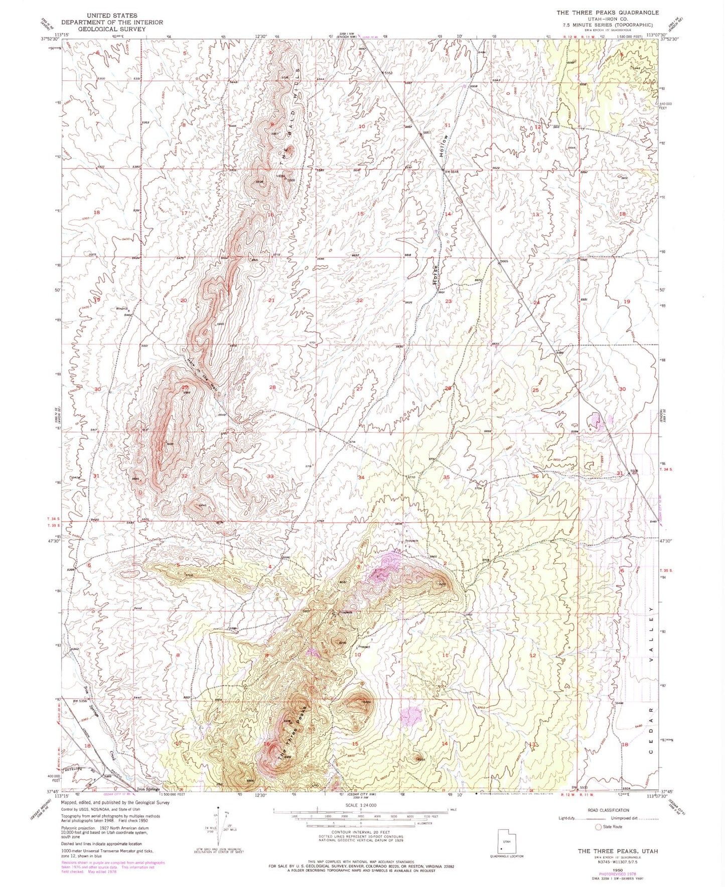 Classic USGS The Three Peaks Utah 7.5'x7.5' Topo Map Image