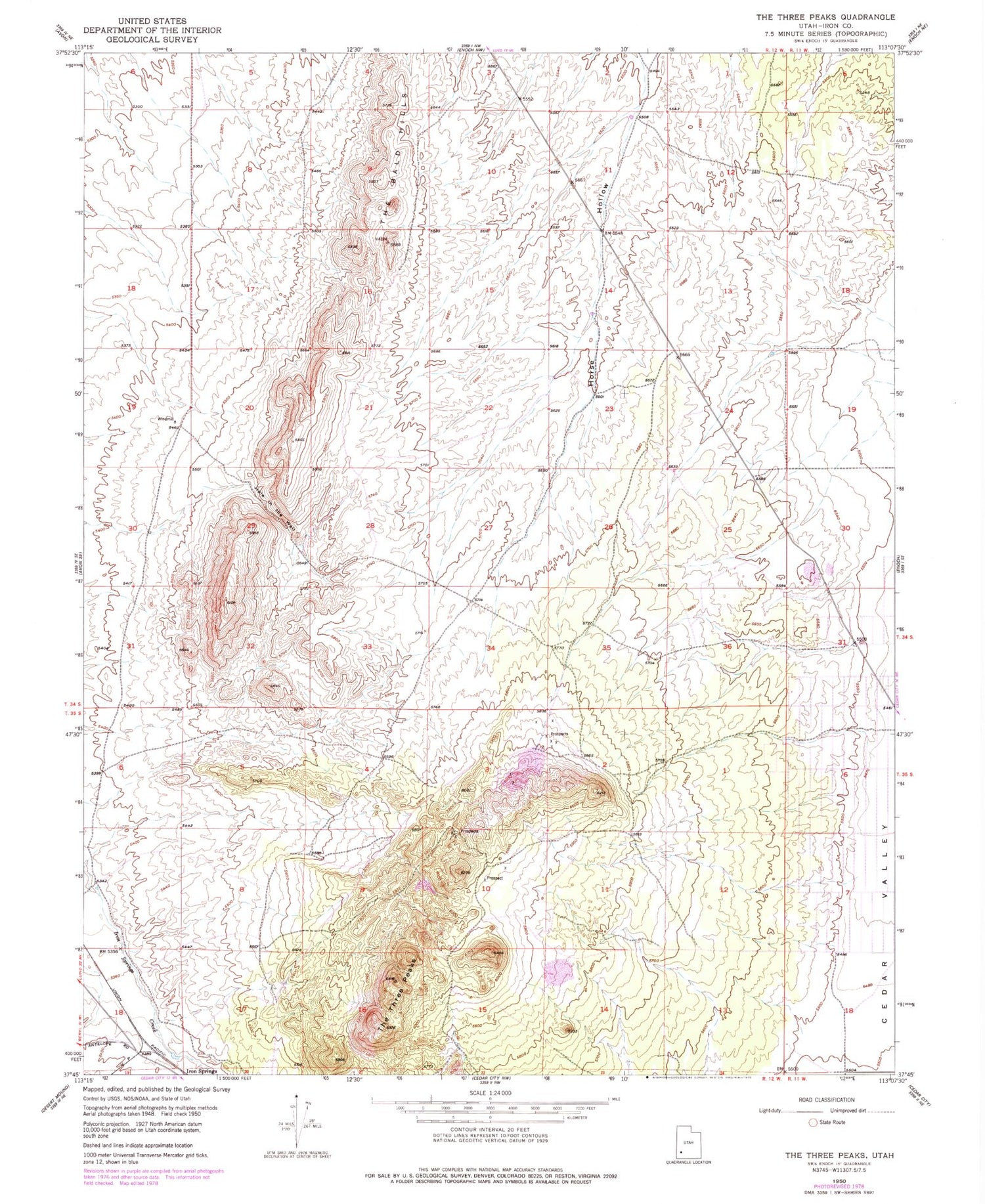 Classic USGS The Three Peaks Utah 7.5'x7.5' Topo Map Image
