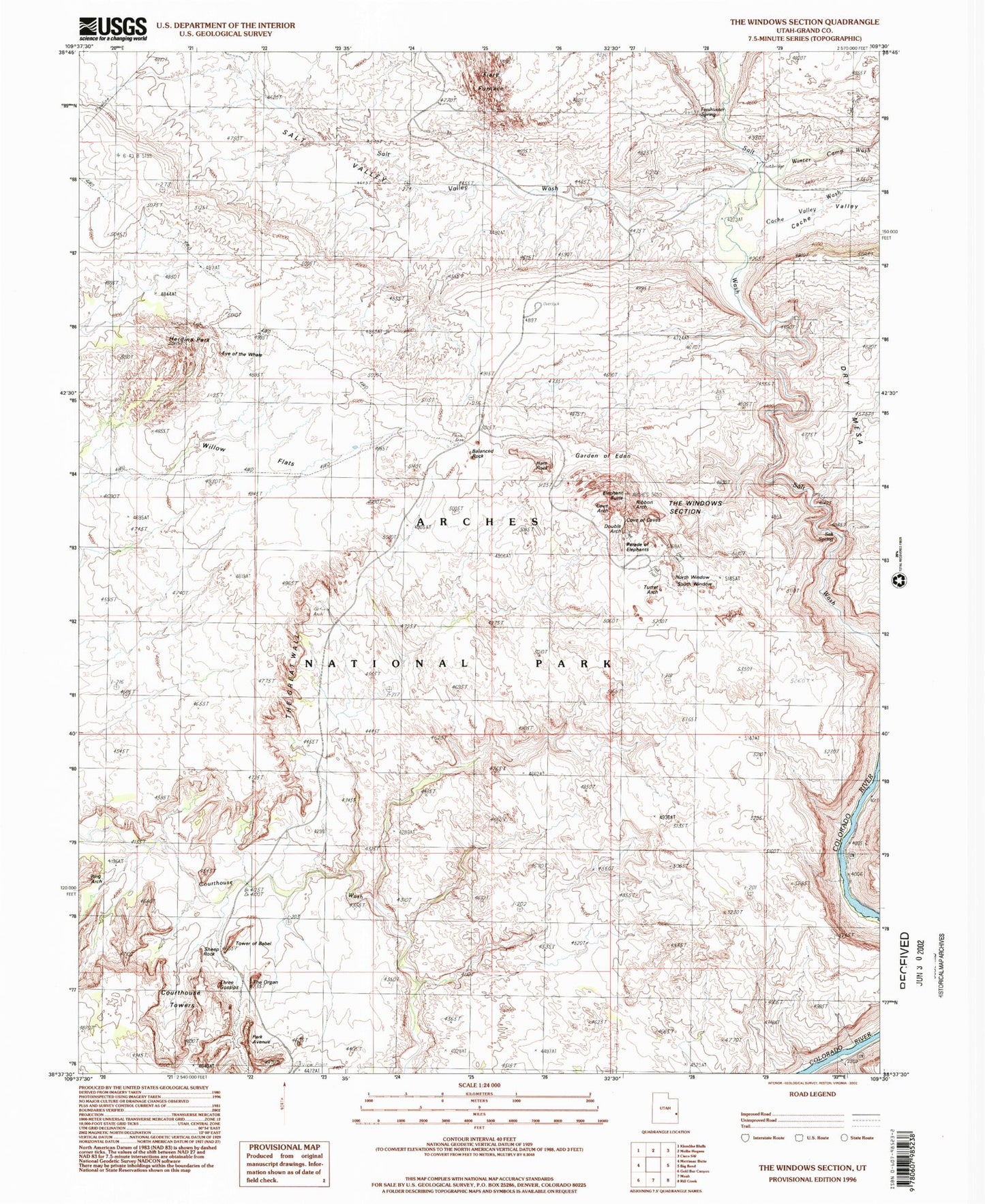 Classic USGS The Windows Section Utah 7.5'x7.5' Topo Map Image