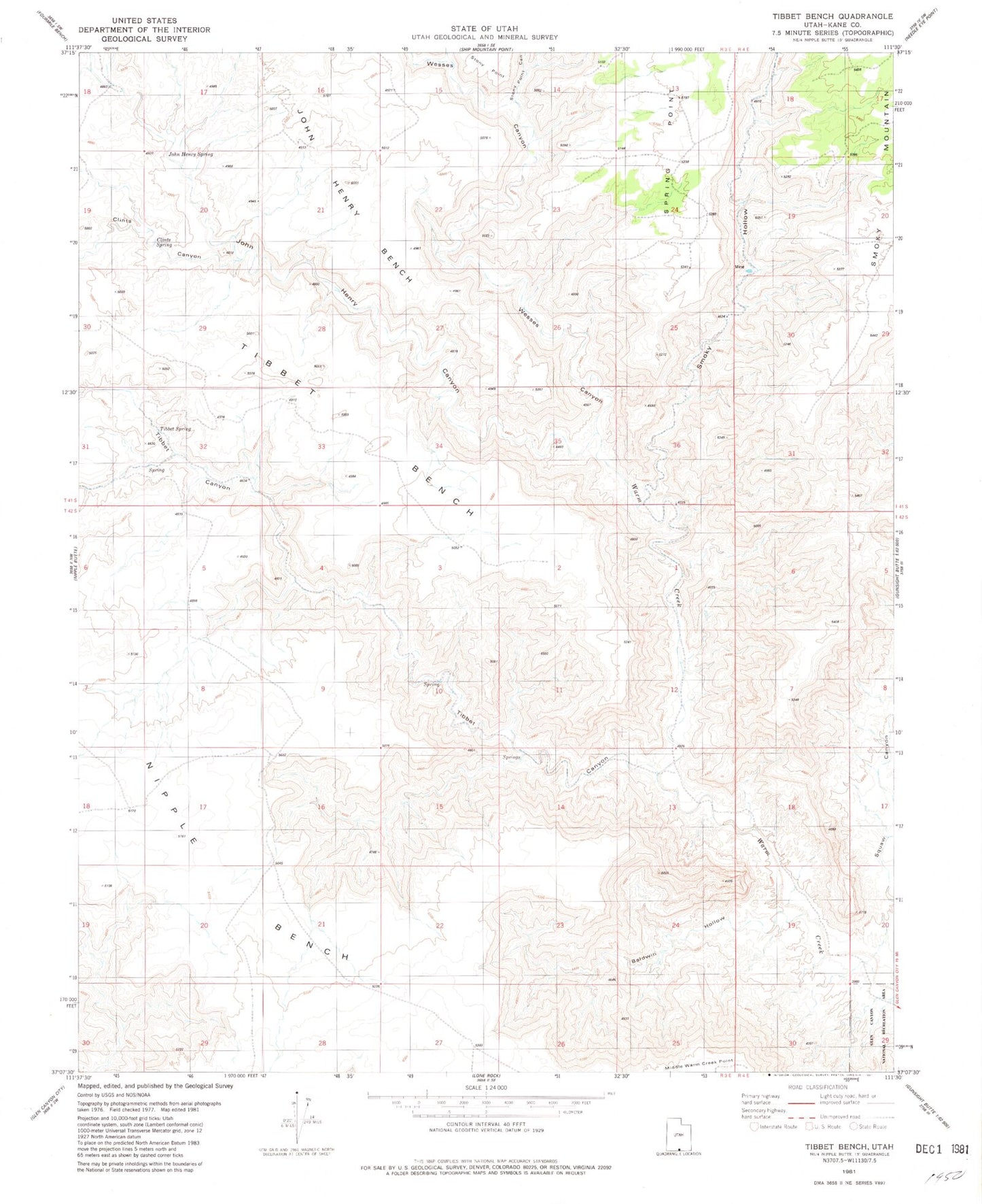Classic USGS Tibbet Bench Utah 7.5'x7.5' Topo Map Image