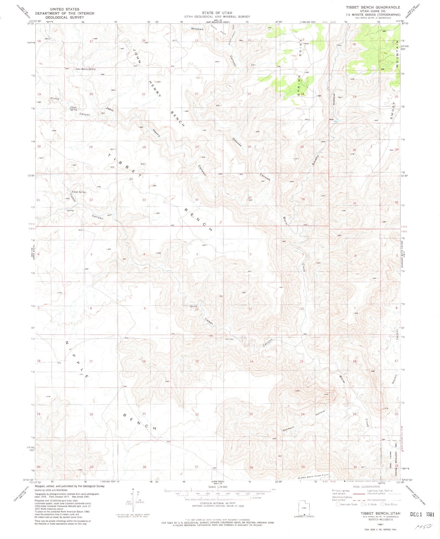 Classic USGS Tibbet Bench Utah 7.5'x7.5' Topo Map Image