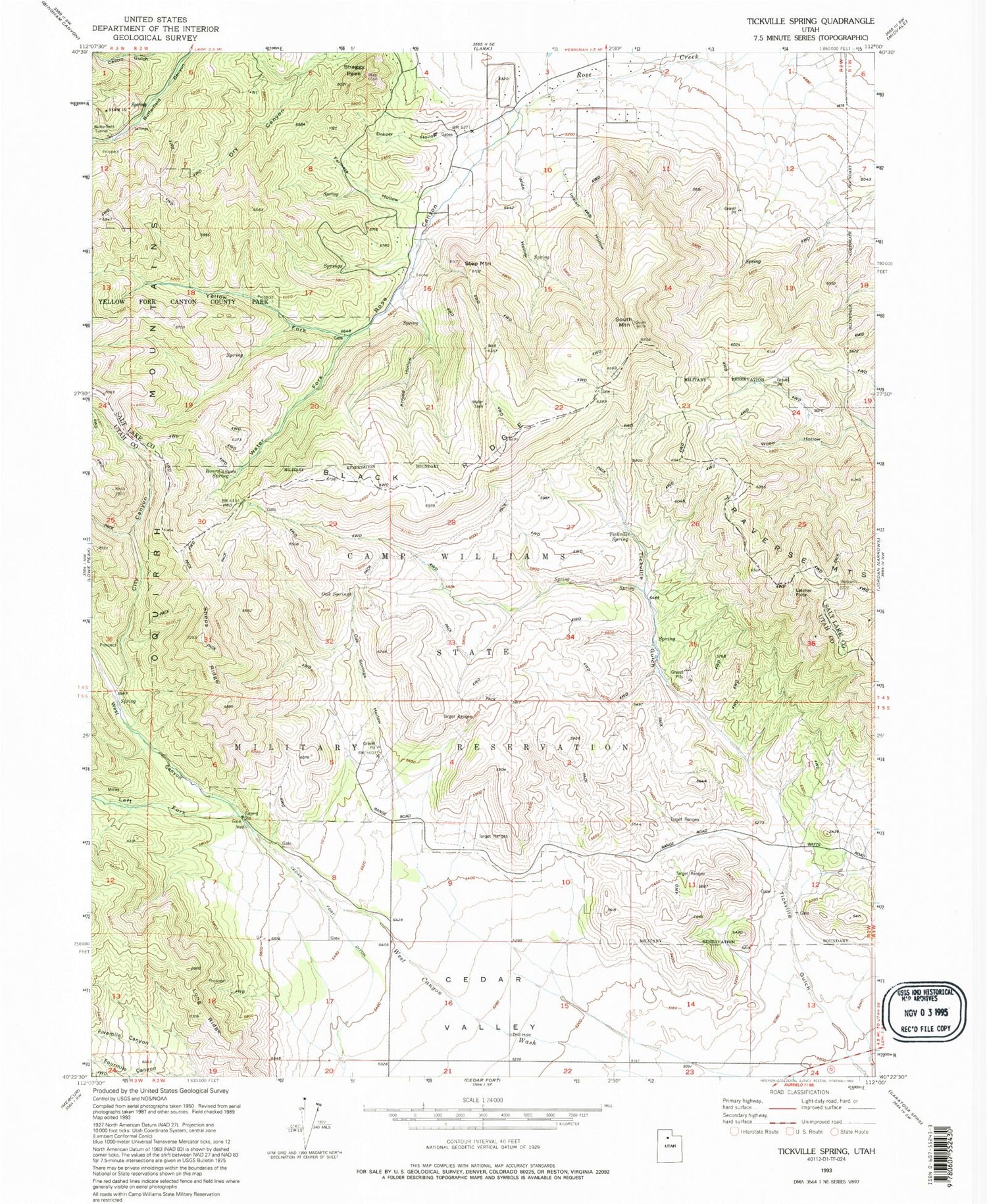 Classic USGS Tickville Spring Utah 7.5'x7.5' Topo Map Image