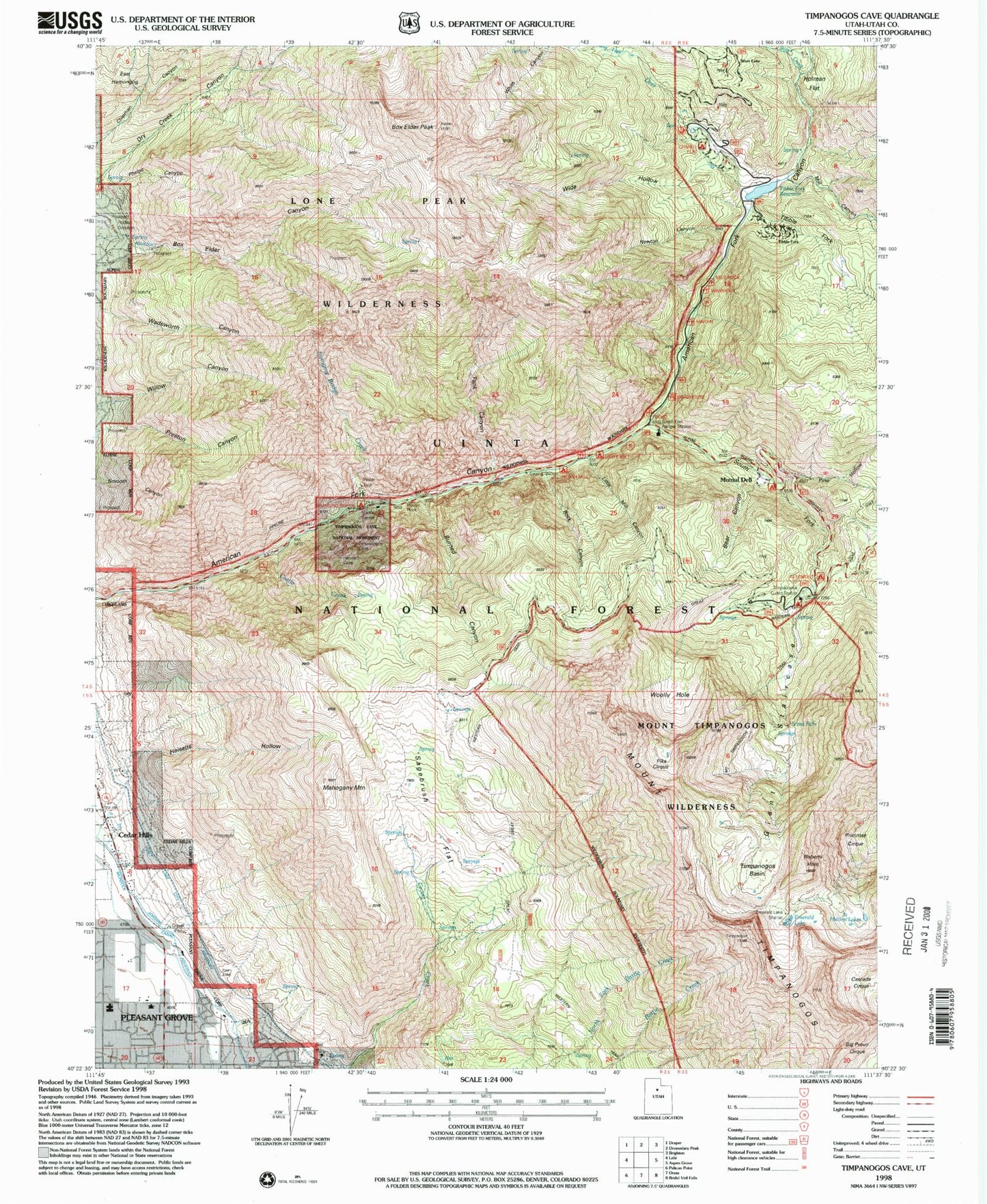 Classic USGS Timpanogos Cave Utah 7.5'x7.5' Topo Map Image