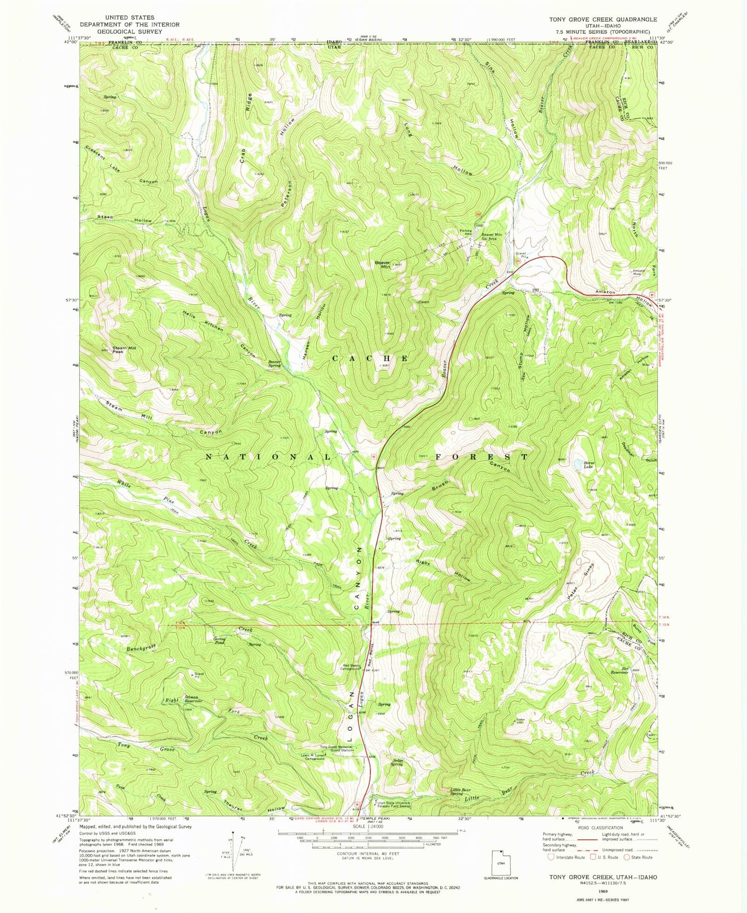Classic USGS Tony Grove Creek Utah 7.5'x7.5' Topo Map Image