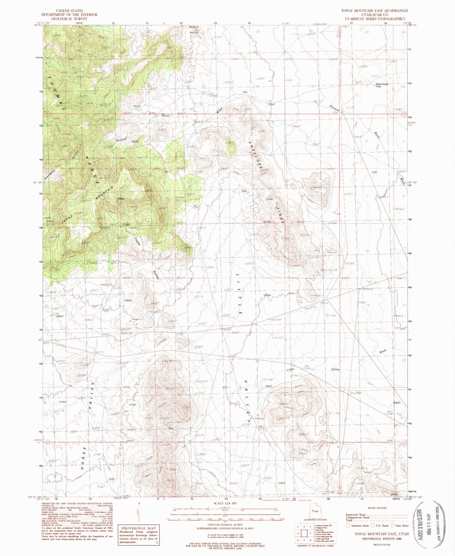 Classic USGS Topaz Mountain East Utah 7.5'x7.5' Topo Map Image