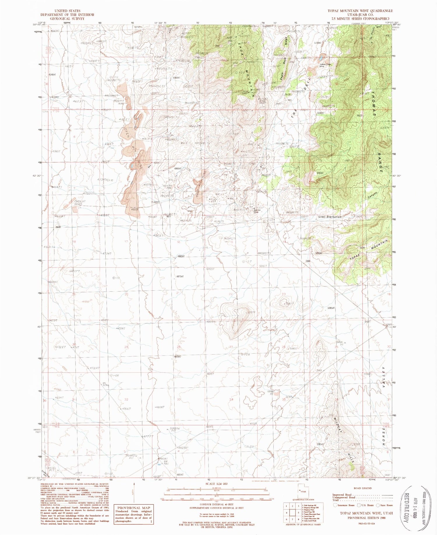 Classic USGS Topaz Mountain West Utah 7.5'x7.5' Topo Map Image