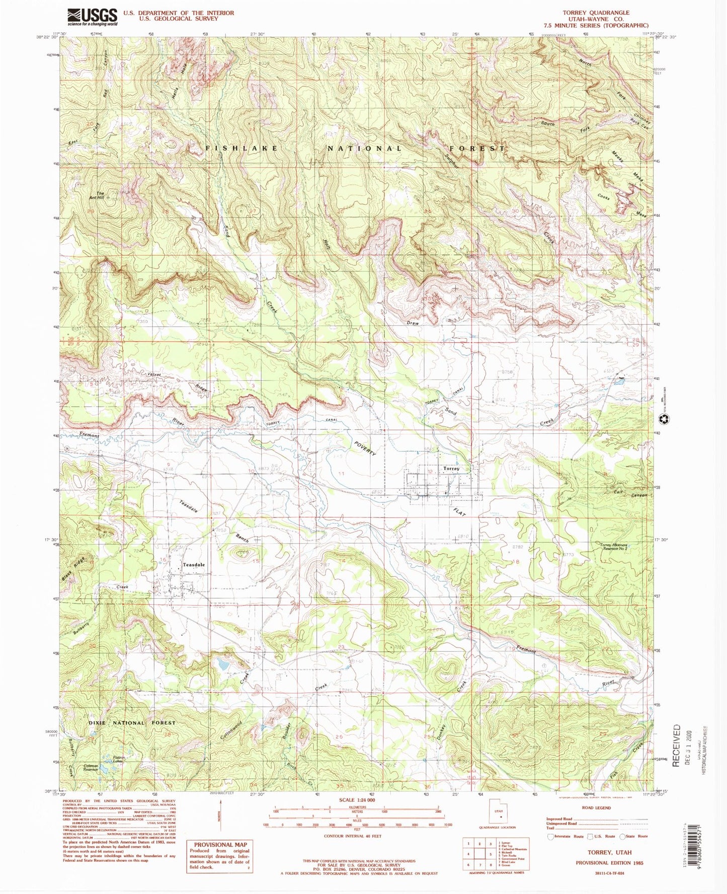 Classic USGS Torrey Utah 7.5'x7.5' Topo Map Image