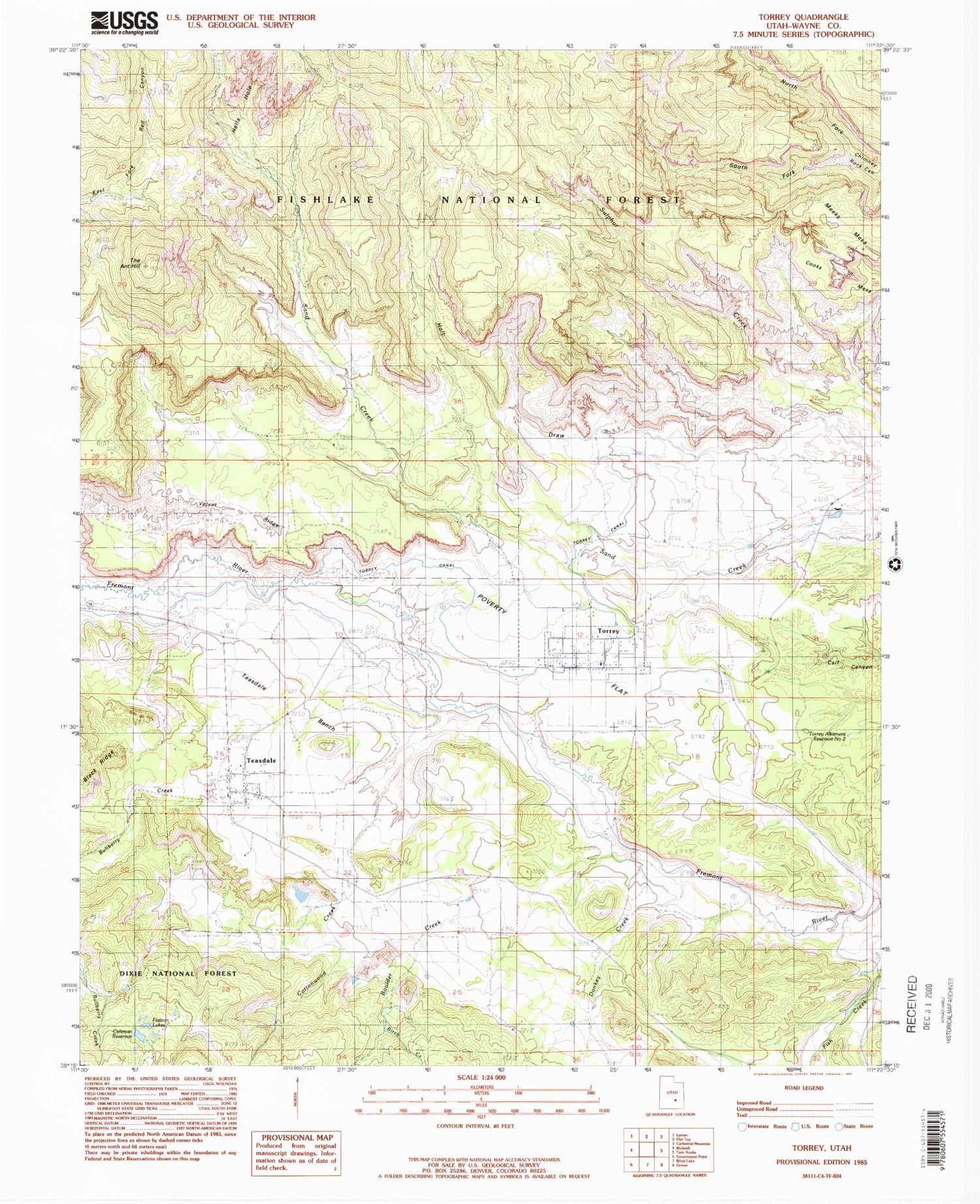 Classic USGS Torrey Utah 7.5'x7.5' Topo Map Image