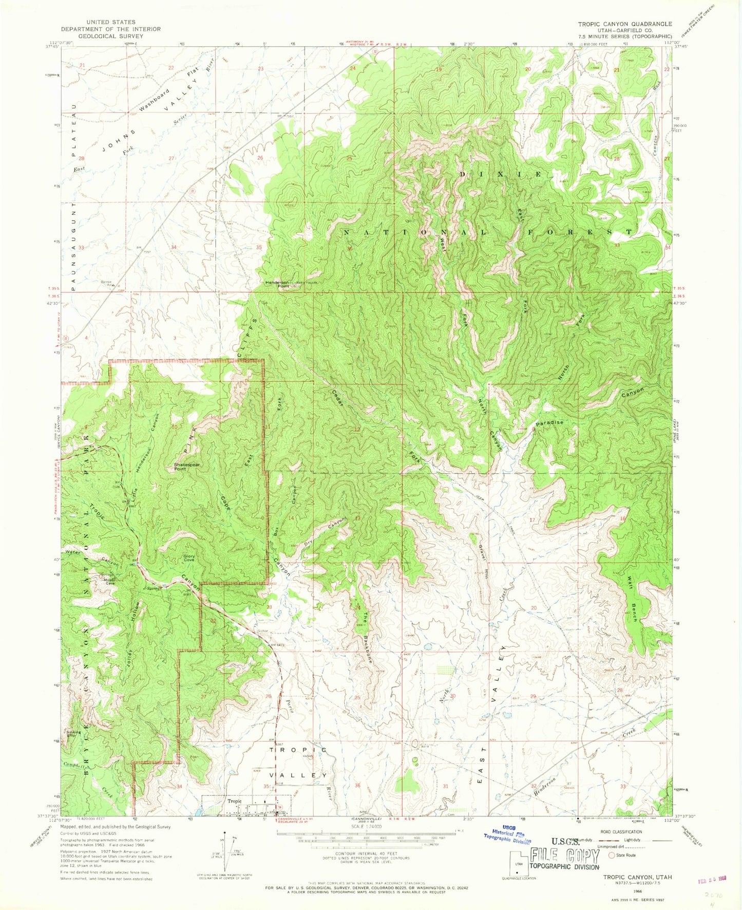 Classic USGS Tropic Canyon Utah 7.5'x7.5' Topo Map Image