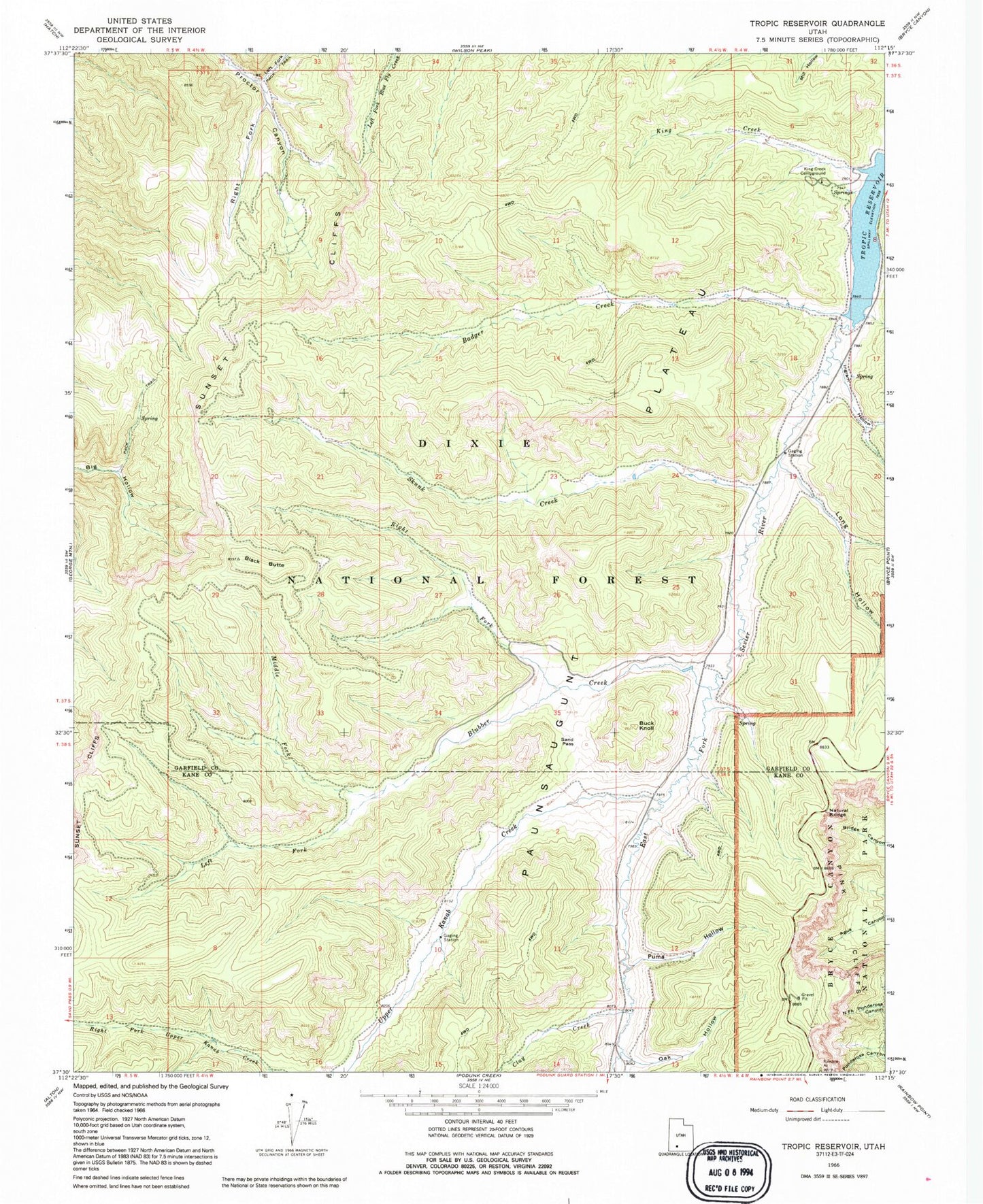 Classic USGS Tropic Reservoir Utah 7.5'x7.5' Topo Map Image