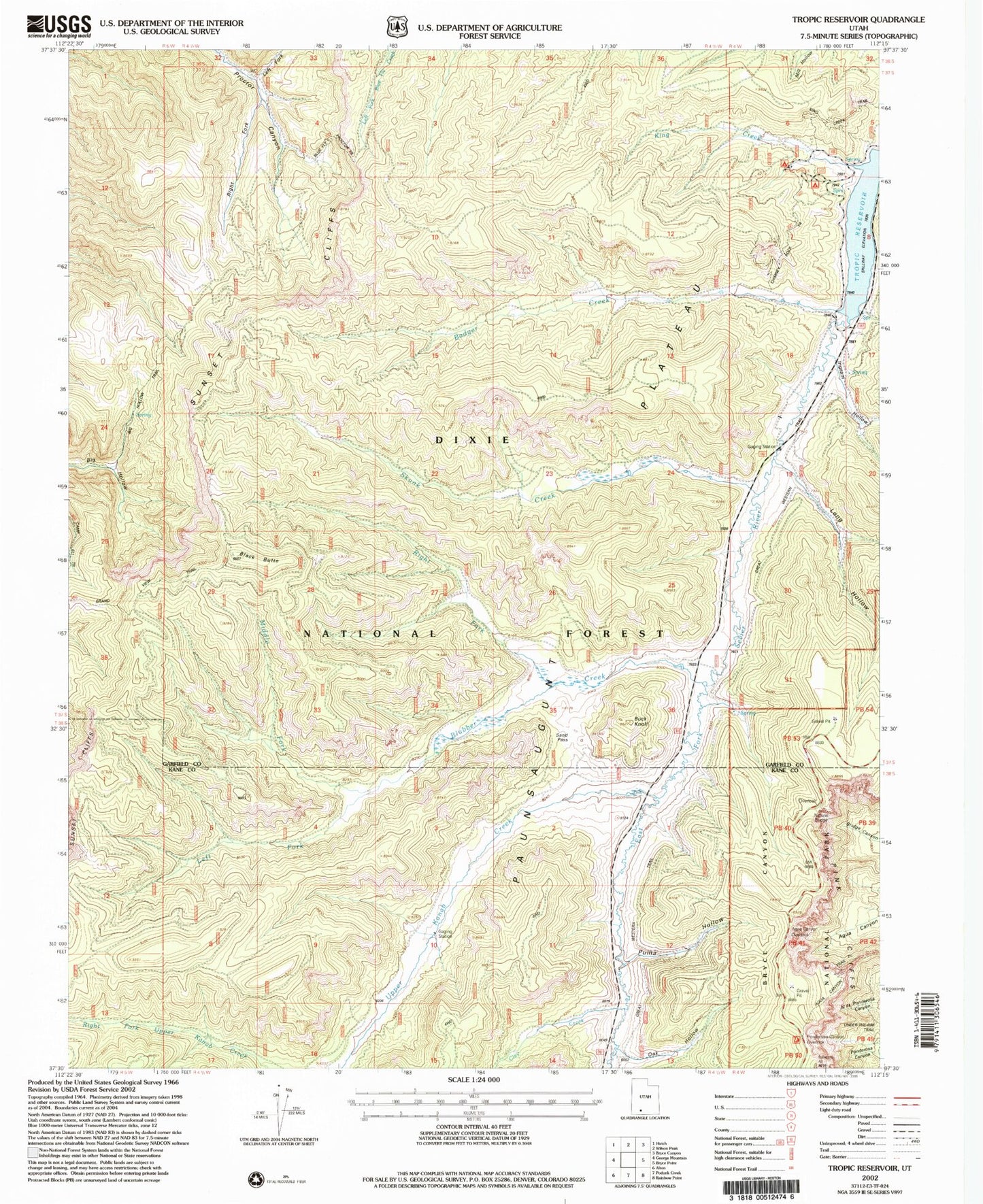 Classic USGS Tropic Reservoir Utah 7.5'x7.5' Topo Map Image