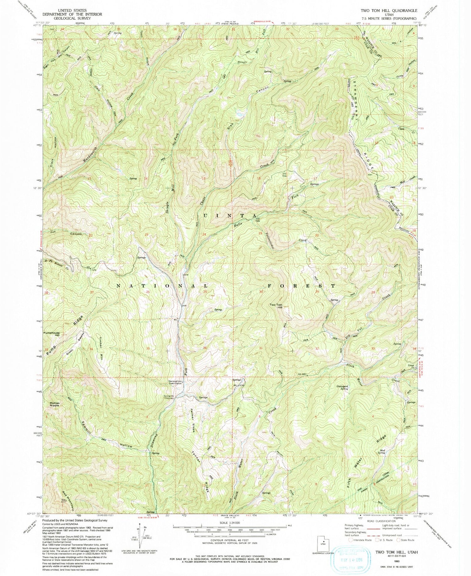 Classic USGS Two Tom Hill Utah 7.5'x7.5' Topo Map Image