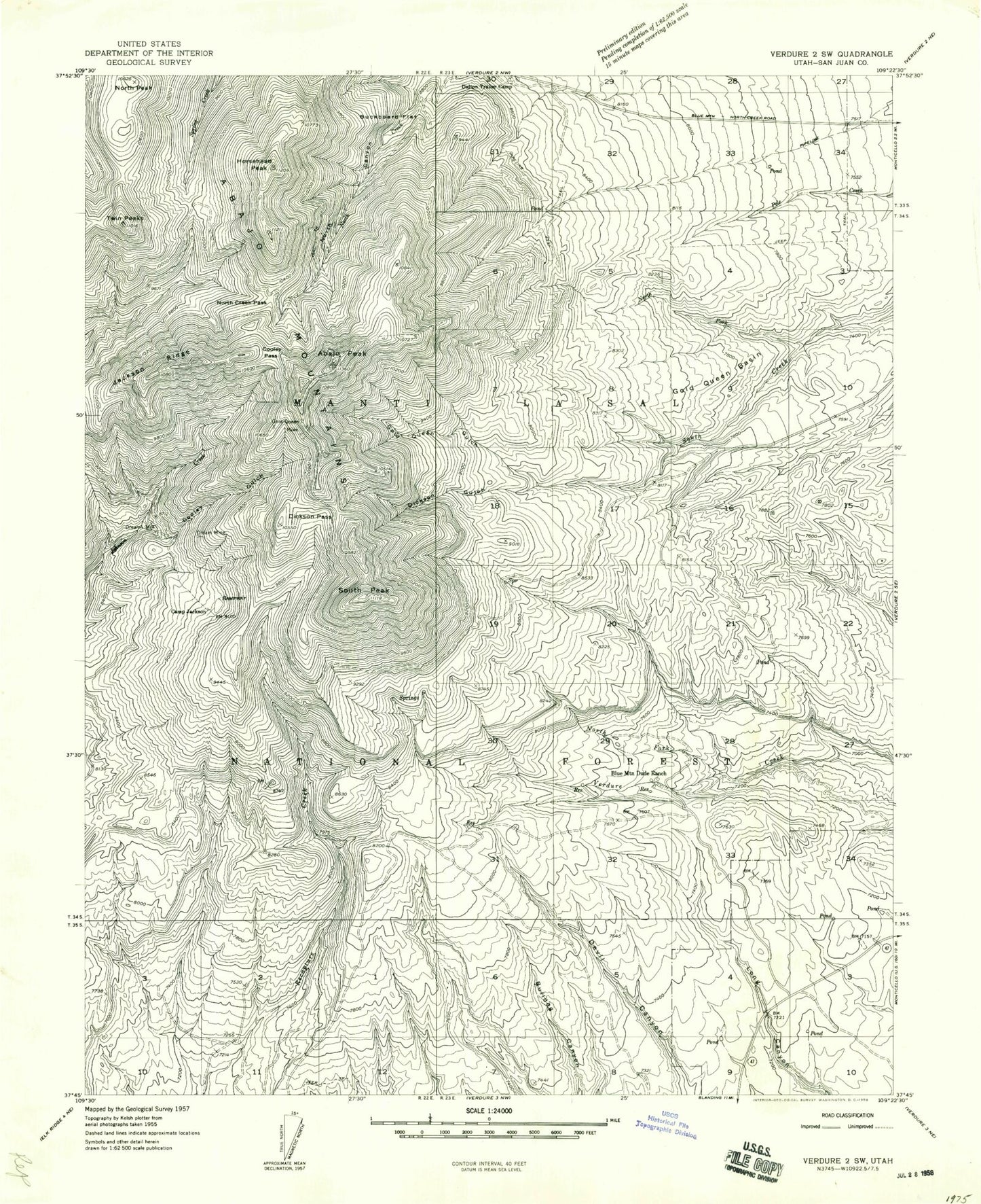Classic USGS Abajo Peak Utah 7.5'x7.5' Topo Map Image