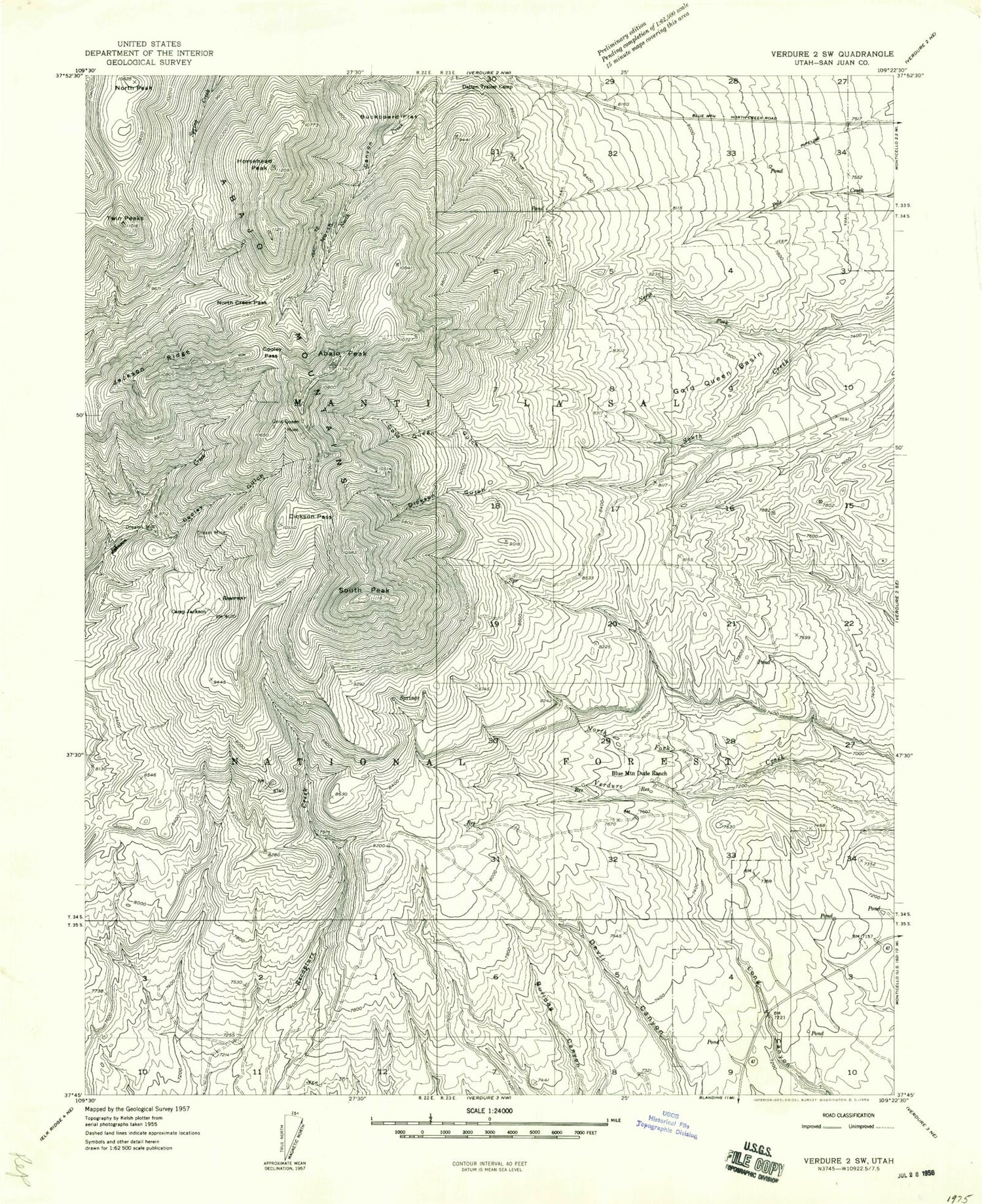 Classic USGS Abajo Peak Utah 7.5'x7.5' Topo Map Image