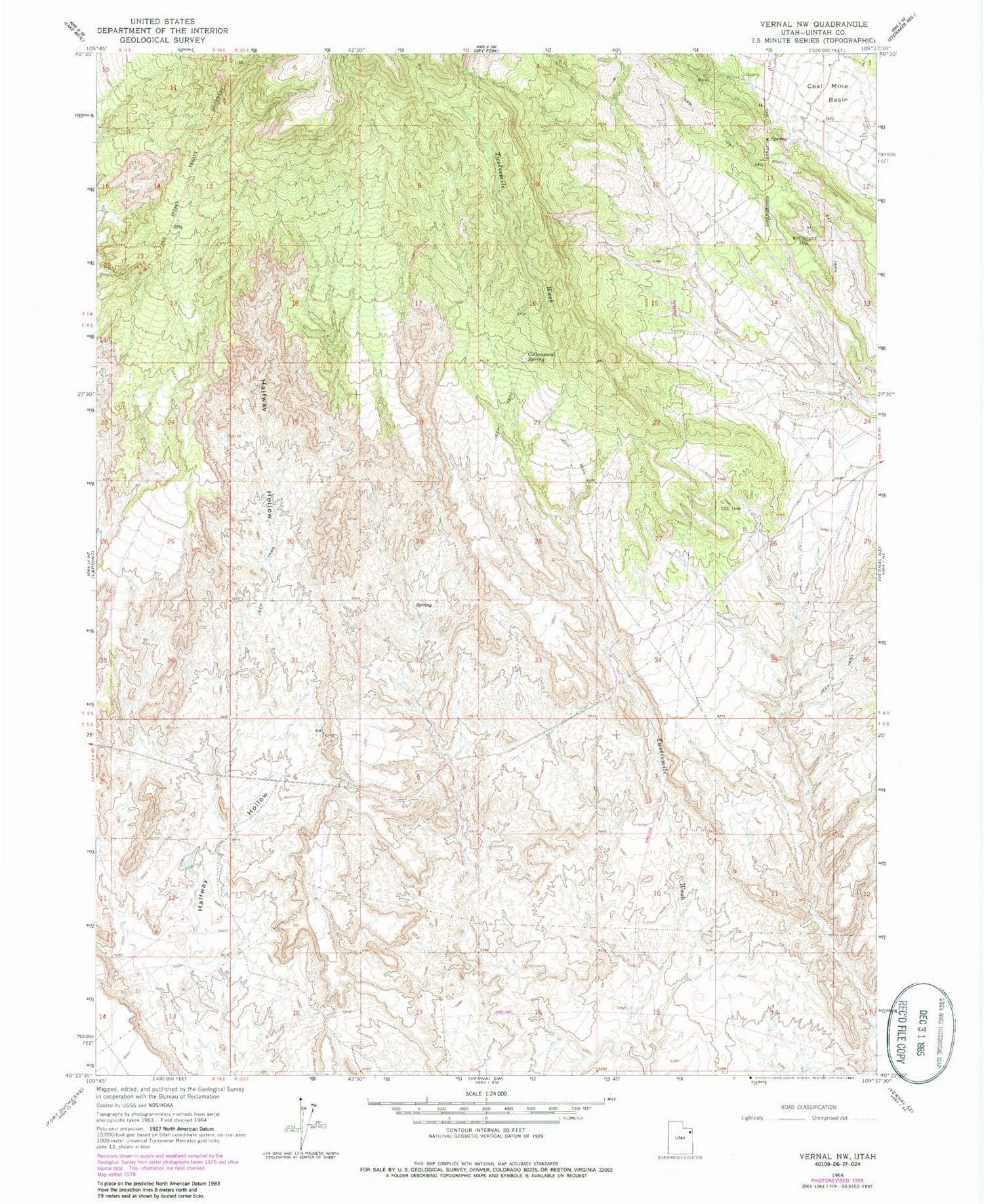 Classic USGS Vernal NW Utah 7.5'x7.5' Topo Map Image