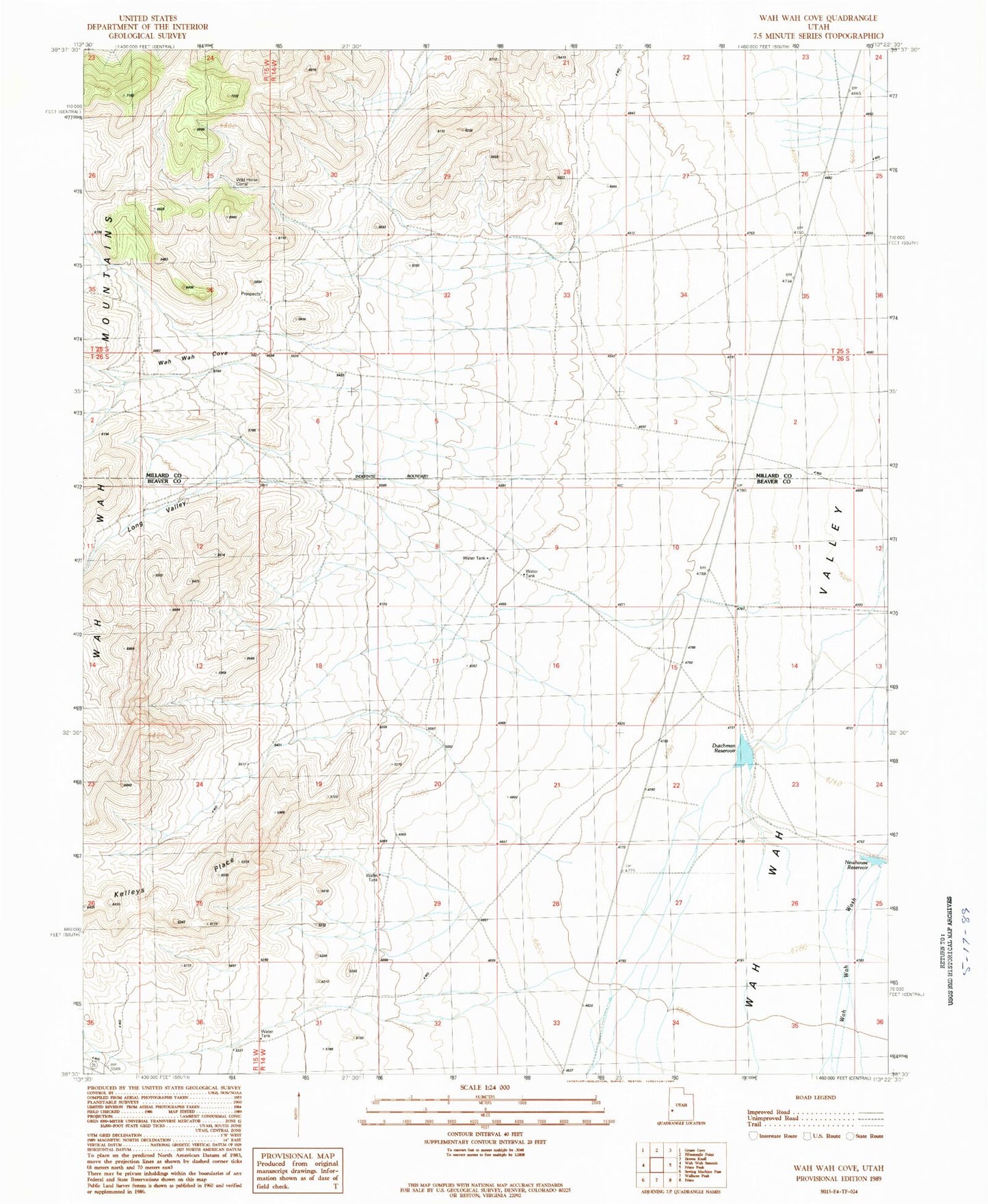 Classic USGS Wah Wah Cove Utah 7.5'x7.5' Topo Map Image