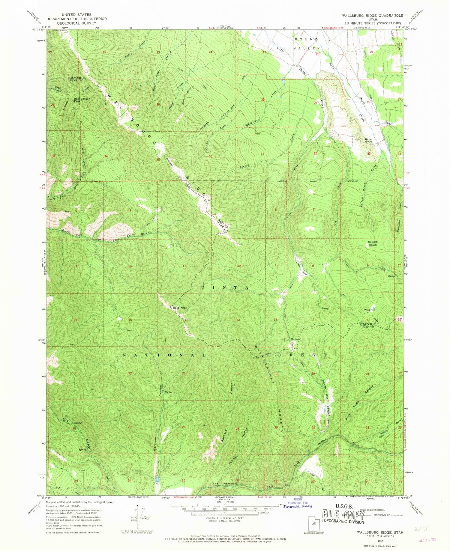 Classic USGS Wallsburg Ridge Utah 7.5'x7.5' Topo Map Image